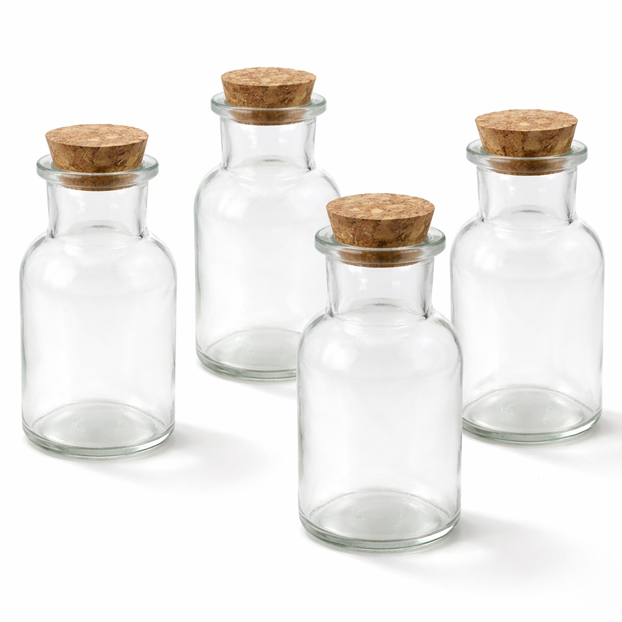 Creativery Deko-Glas, Glasflaschen mit Korken 11cm klar transparent 125ml, 4er Set
