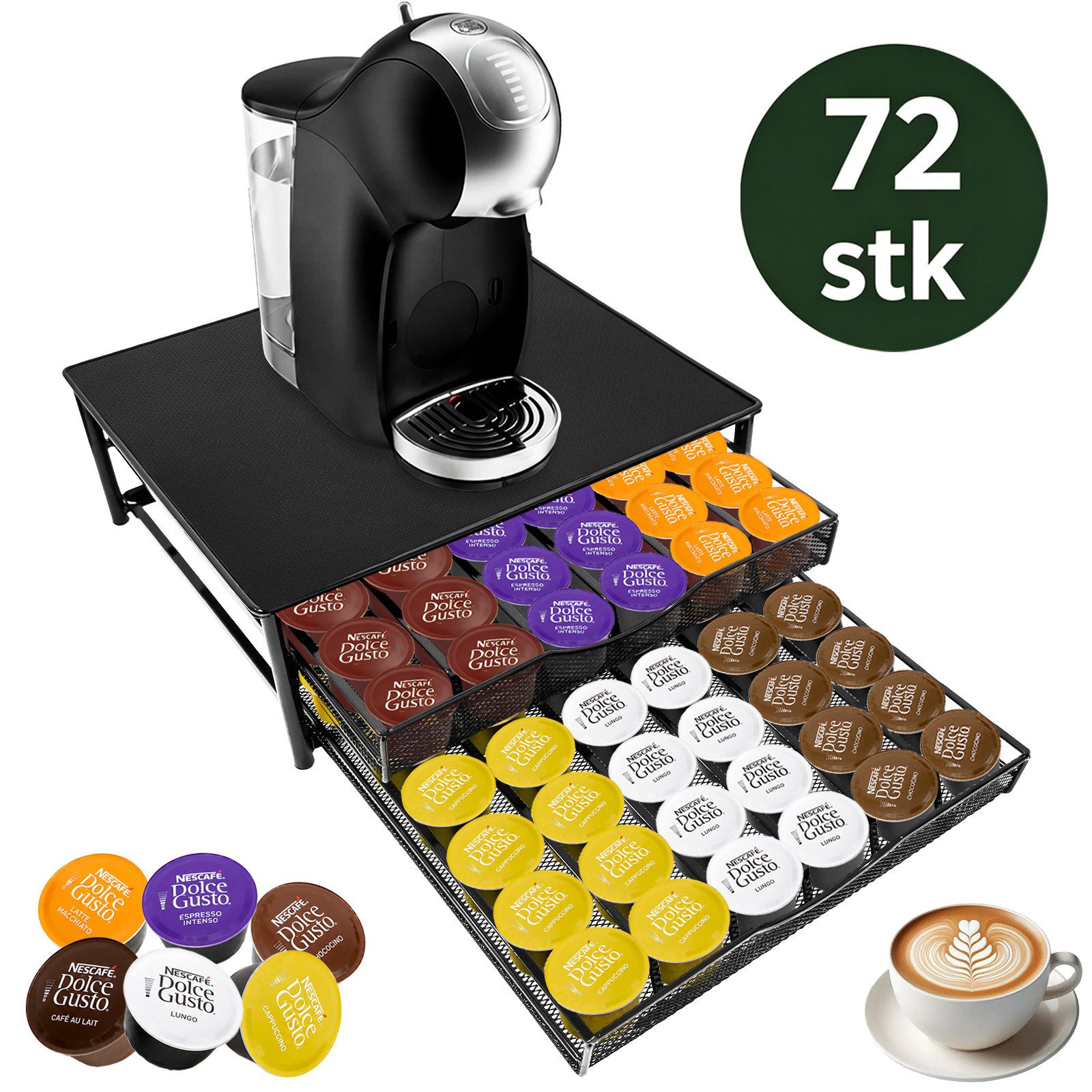 SunJas Kapselspender Kapselhalter Kapselschublade Kapsel‑Organizer mit 2 Schubladen, 72 Kapseln Kapazität,Kapselständer als Unterlage für Kaffeemaschine