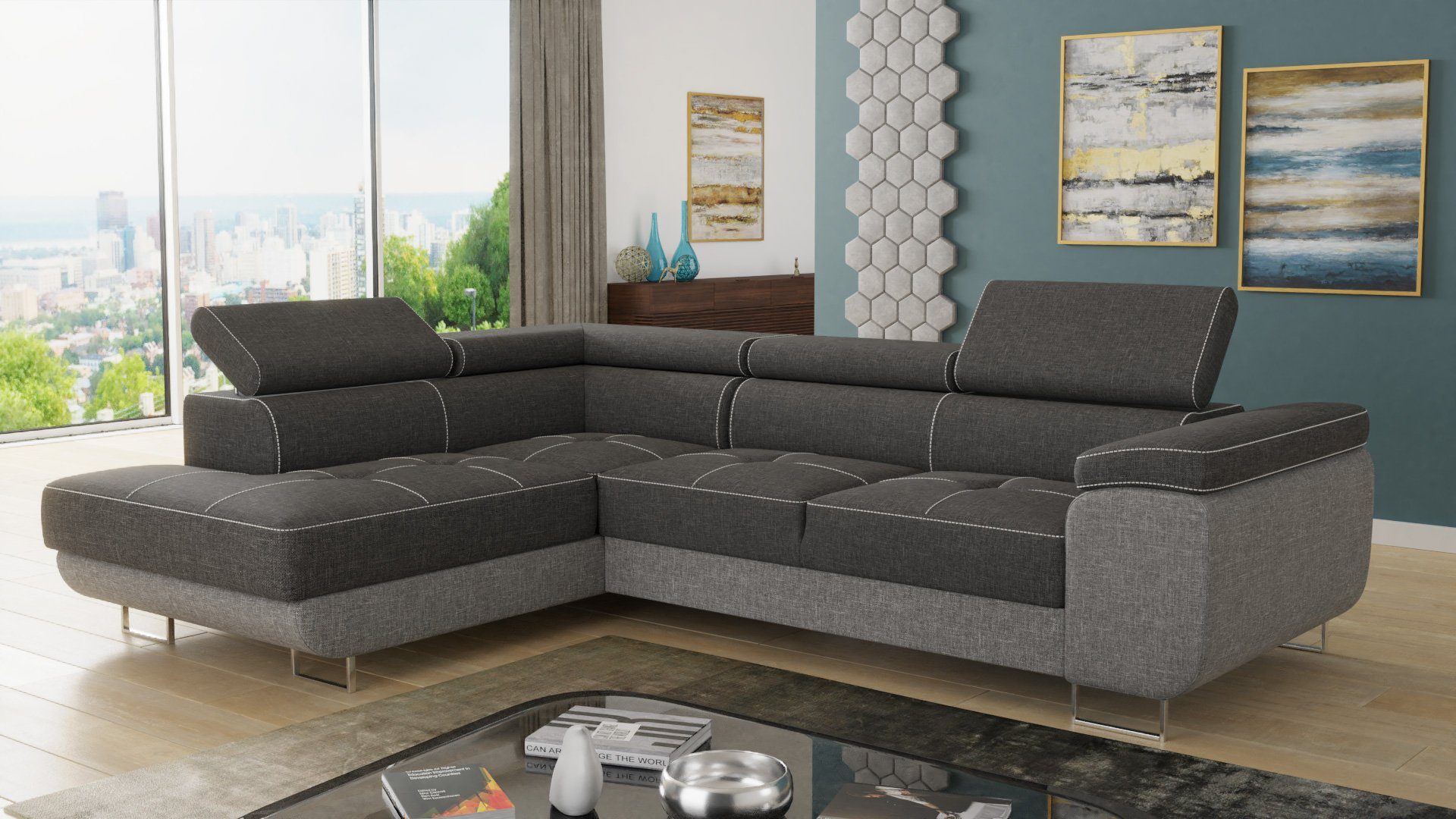 Sofnet Ecksofa Caris, mit Schlaffunktion und Bettkasten, Wohnlandschaft mit einstellbare Kopfstützen, Schlafsofa
