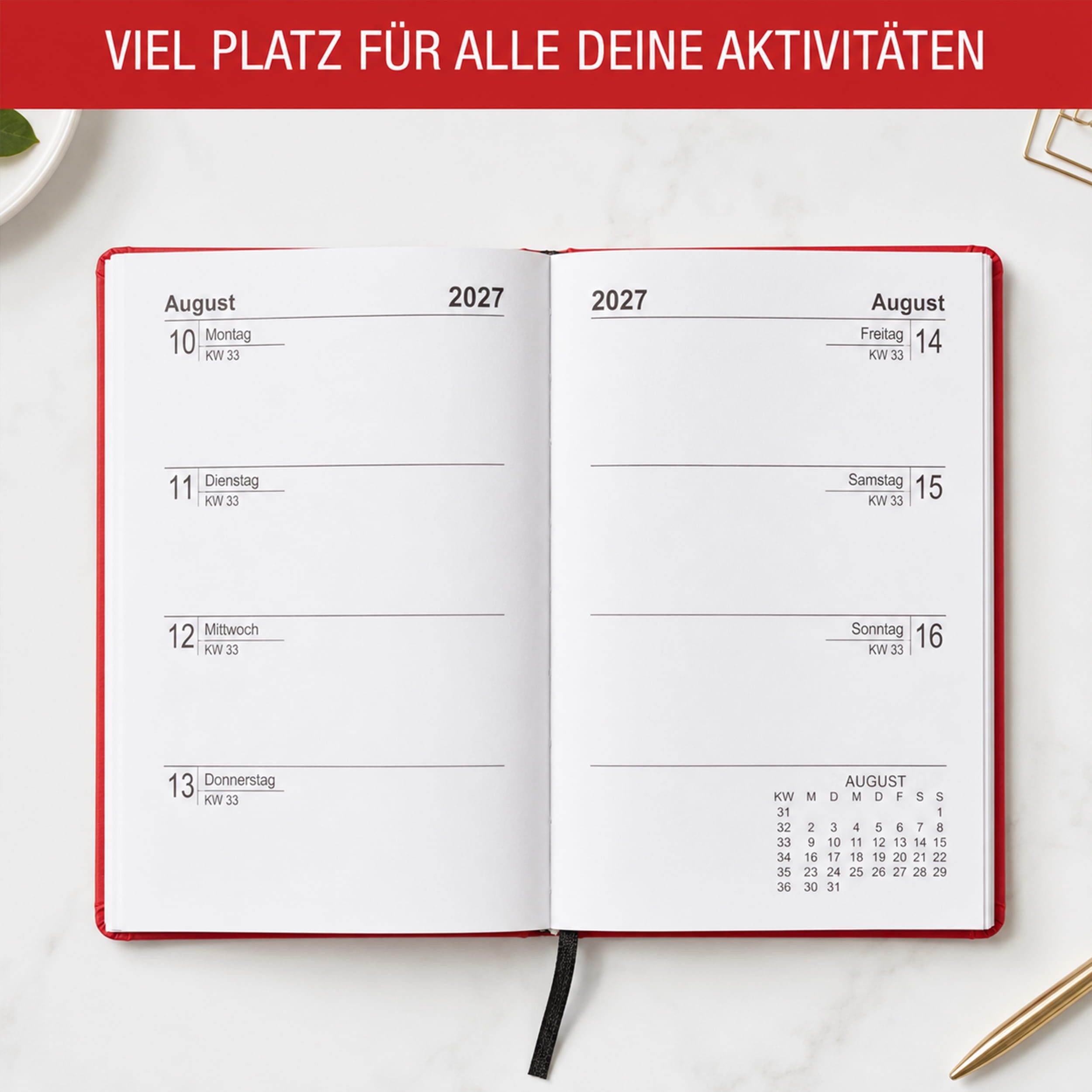 AMLI Taschenkalender Taschenkalender 2027 A6 mit Gummiband 1 Woche 2 Seiten Rot, Gummiband, Folienprägung, Leseband, Ferien & Feiertage – Bild 4 von 5