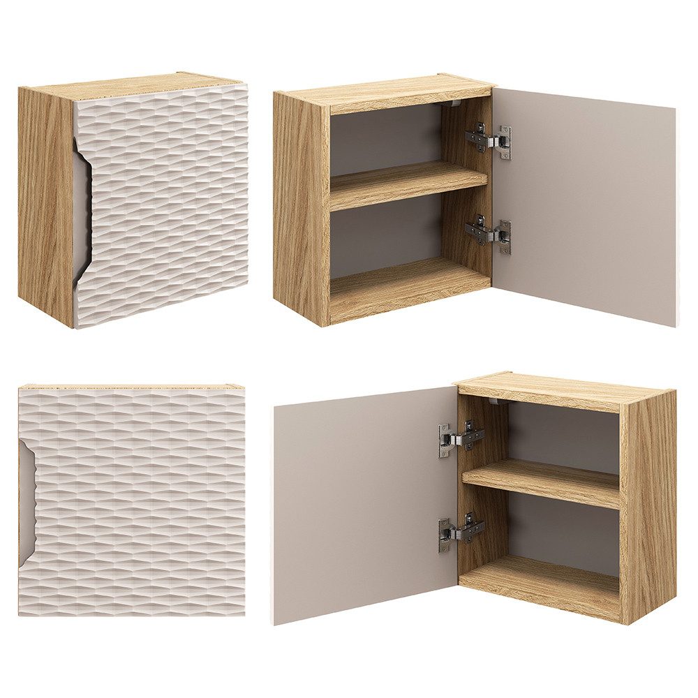 Lomadox Hängeschrank OLUO-56-BEIGE Wandschrank Badschrank, Eiche mit beige, 3D-Struktur