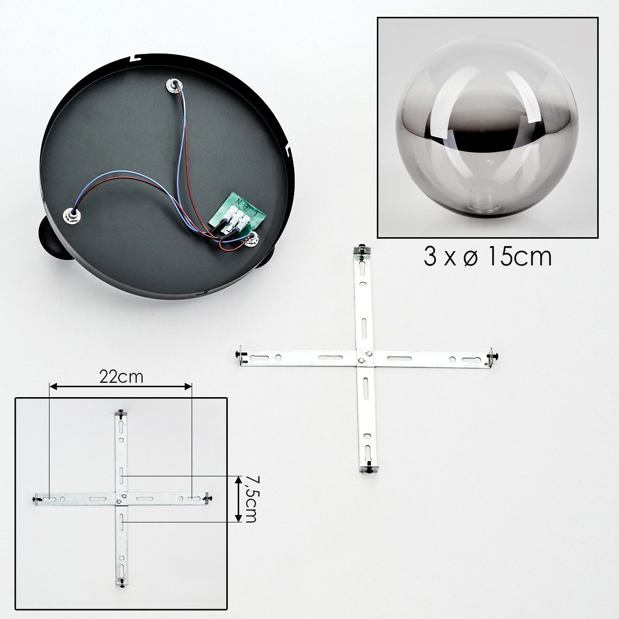 hofstein Deckenleuchte Deckenlampe aus Metall/Glas in Schwarz/Rauchfarben/Klar, ohne Leuchtmittel, Deckenleuchte im Retro/Vintage-Design (Schirme Ø 15 cm), 3 x  – Bild 5 von 5