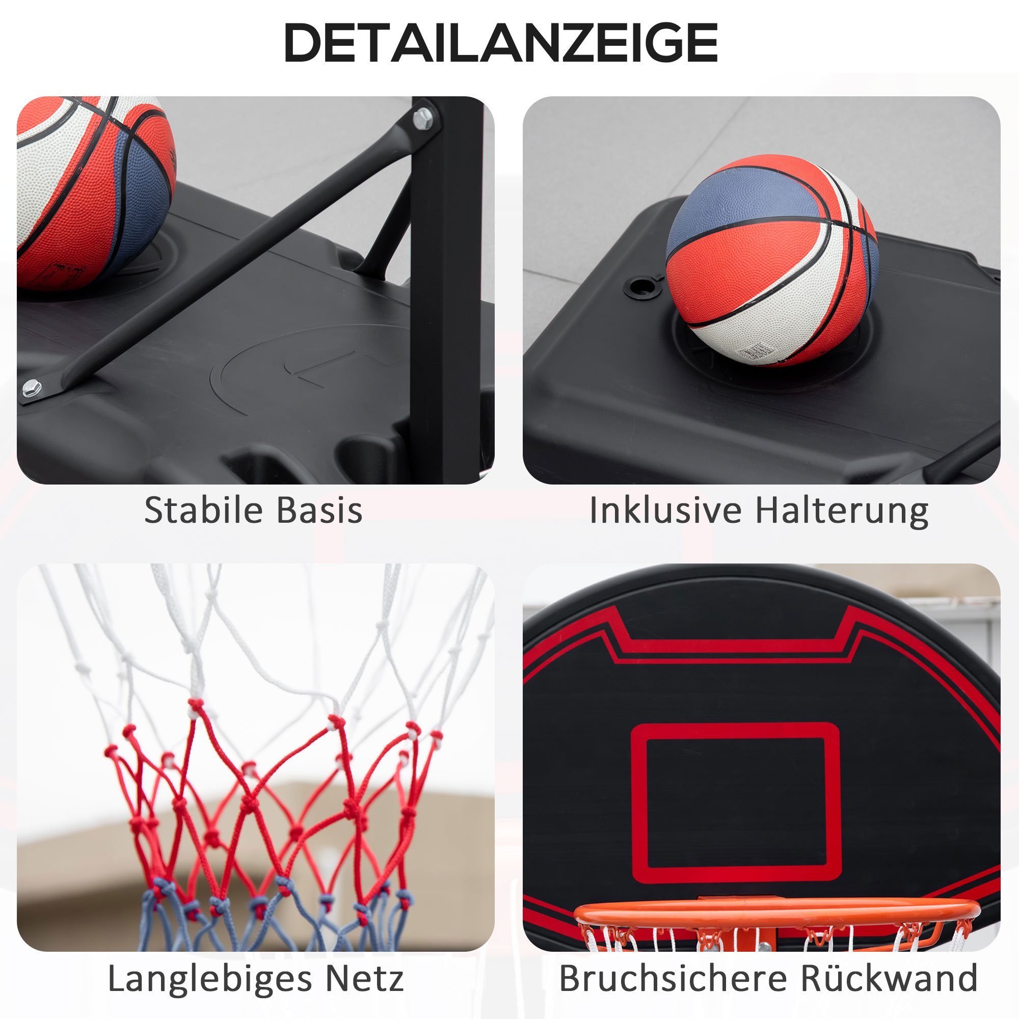 HOMCOM Basketballständer Basketballkorb, höhenverstellbar Stahl Kunststoff Schwarz (Set, 1-St., 1 x Basketball-Ständer), 73L x 49B x 195-250H cm