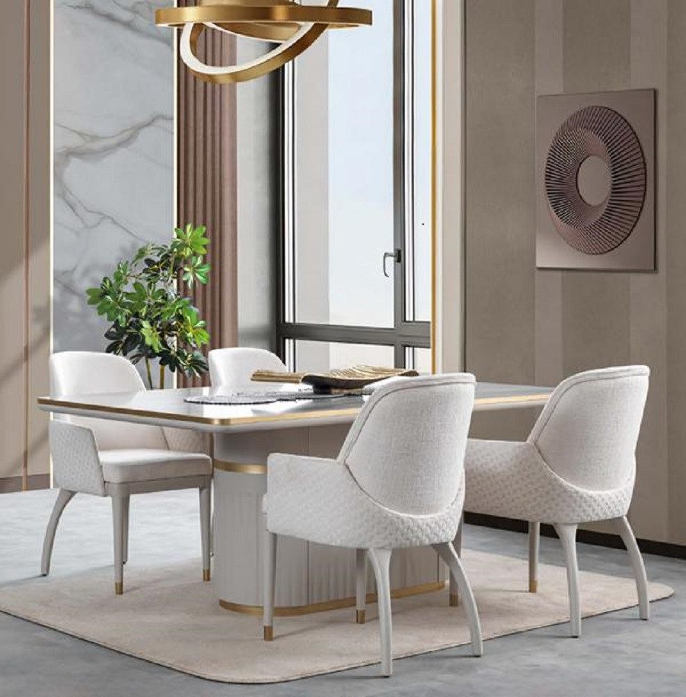 Xlmoebel Essgruppe Hochglanz-Esstisch mit weißen Stühlen aus Edelstahl und Holz, (Essgruppe, 5-tlg., 5tlg. Esszimmer Set (Esstisch + 4x Stühle), Hergestellt in Europa