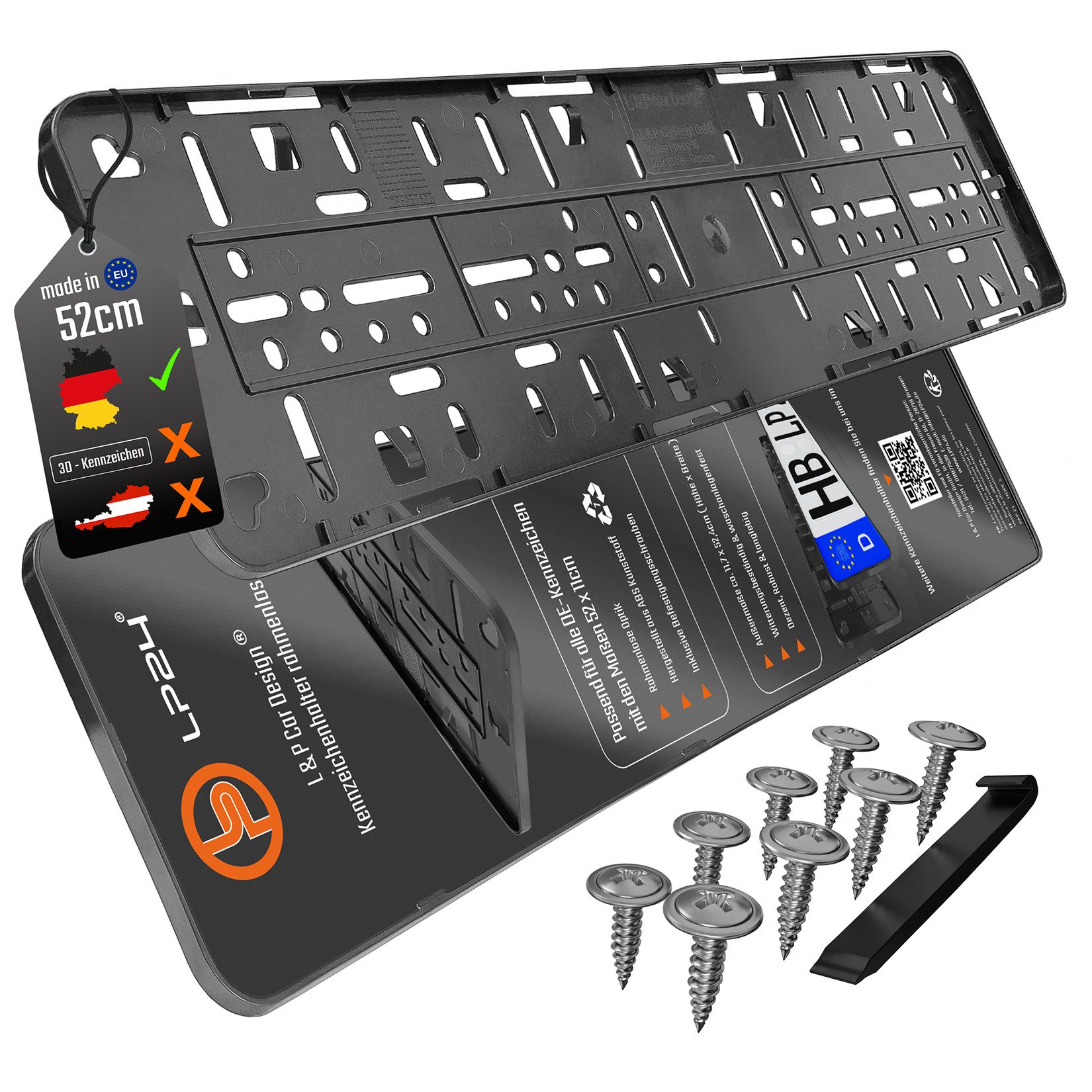L & P Car Design Kennzeichenhalter für Auto rahmenlos Schwarz dezent sicher langlebig, (2-St)