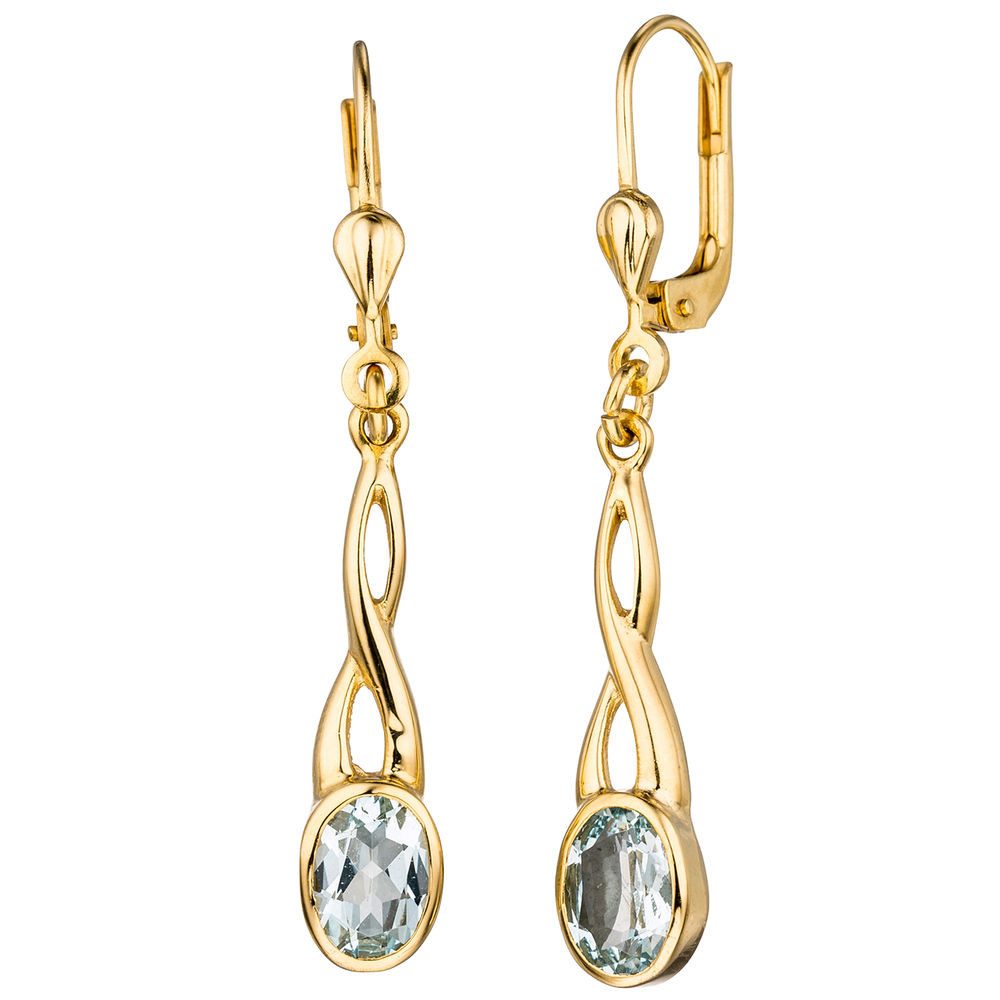 Schmuck Krone Paar Ohrhänger Boutons aus 585 Gelbgold mit Aquamarin, Gold 585