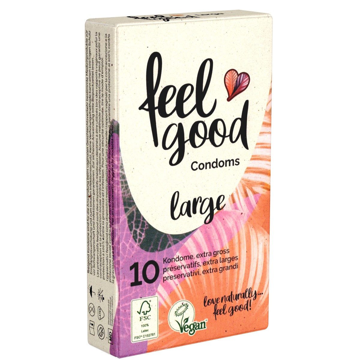 feelgood Condoms XXL-Kondome Large Packung mit, 10 St., Kondome ohne tierische Inhaltsstoffe, vegane, extra breite und lange XL Kondome