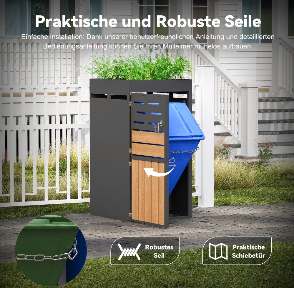 MODFU Geräteschrank Garten-Aufbewahrungsschrank mit Pflanzkasten integriert (Garten-Geräteschrank, stabilem verzinktem Stahlrahmen, Belüftungslamellen und abschließbaren Doppeltüren mit Sicherungskette, 1-St., Outdoor-Box für Lagerung & Dekoration (ohne Mülleimer)