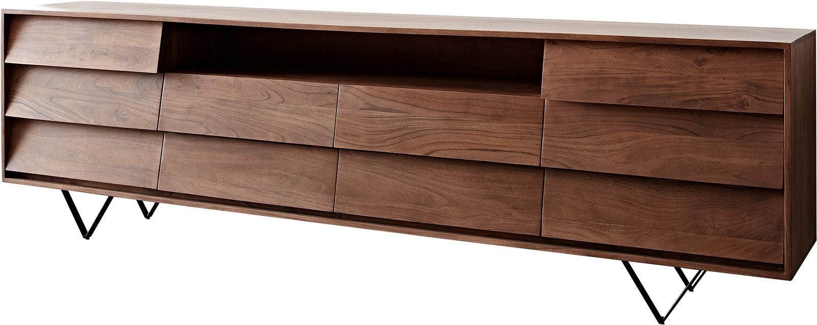 DELIFE Sideboard Eloi, Akazie Braun 240x40 cm 2 Türen 6 Schubladen V-Fuß Schwarz