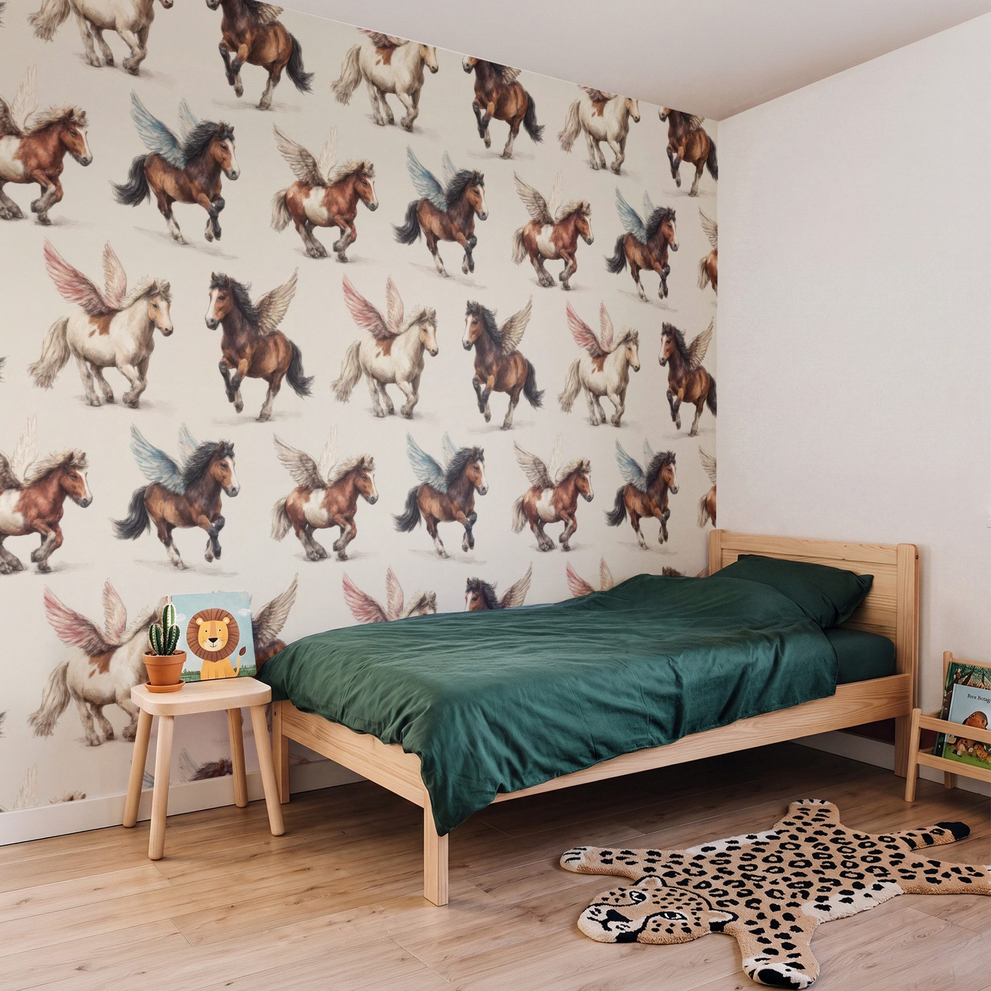 OnlyWow Fototapete Kinderzimmer - Pferde - Flügel - Farbenfroh, Matt, bedruckt, Wanddekoration, Wandtapete, Schlafzimmer 260x220cm