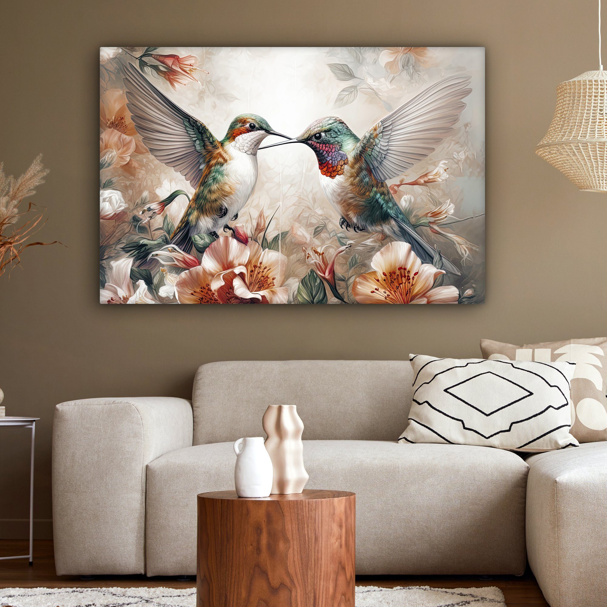 großes, XXL, für Leinwandbild - - Wohnbereiche, alle OneMillionCanvasses® St), cm Vögel Wandbild 120x80 - Natur, (1 Kolibri Gemälde, Blumen