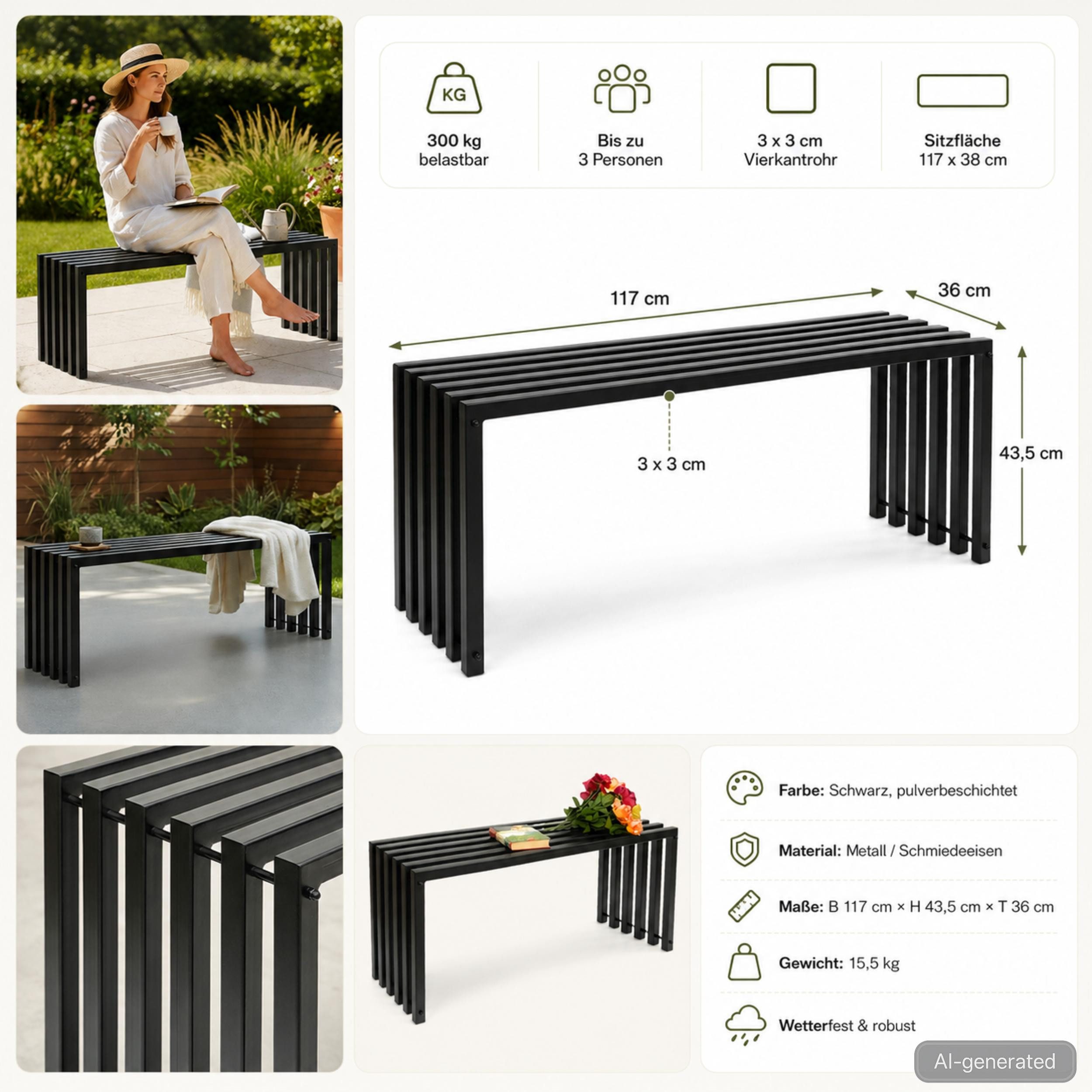 DanDiBo Gartenbank Metall Massiv Wetterfest Schwarz 60-120 cm Sitzbank Ela Parkbank