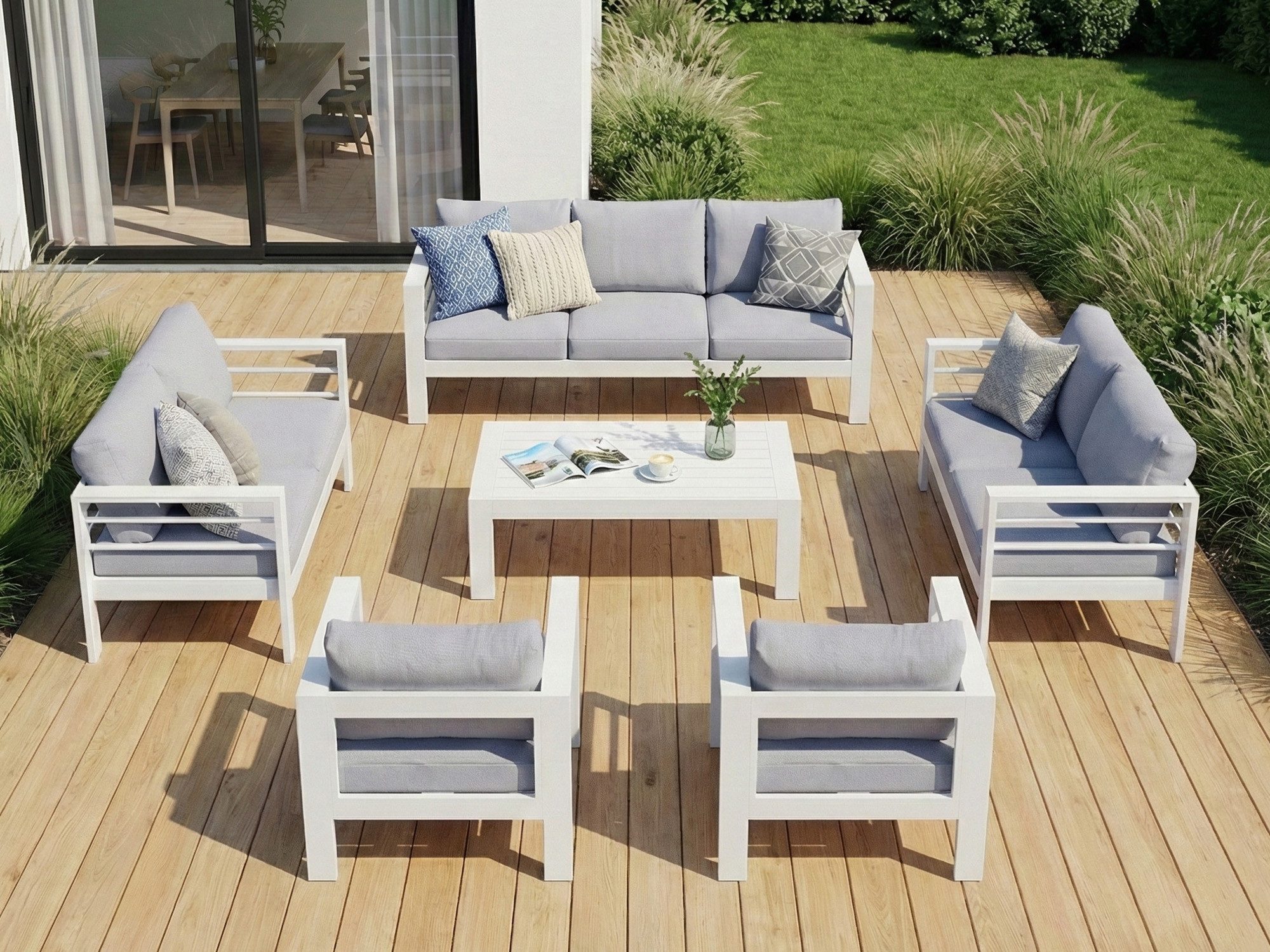 MeXo Gartenlounge-Set Gartenmöbel Set Aluminium Wetterfest, (1 x 3-Sitzer Sofa, 2 x 2-Sitzer Sofa, 4 x Sessel, 1 x Gartentisch, 18 x Kissen, 6-tlg., Luxus Relax), Gartensofa Set für 8-10 Personen, Individuell Kombinierbar