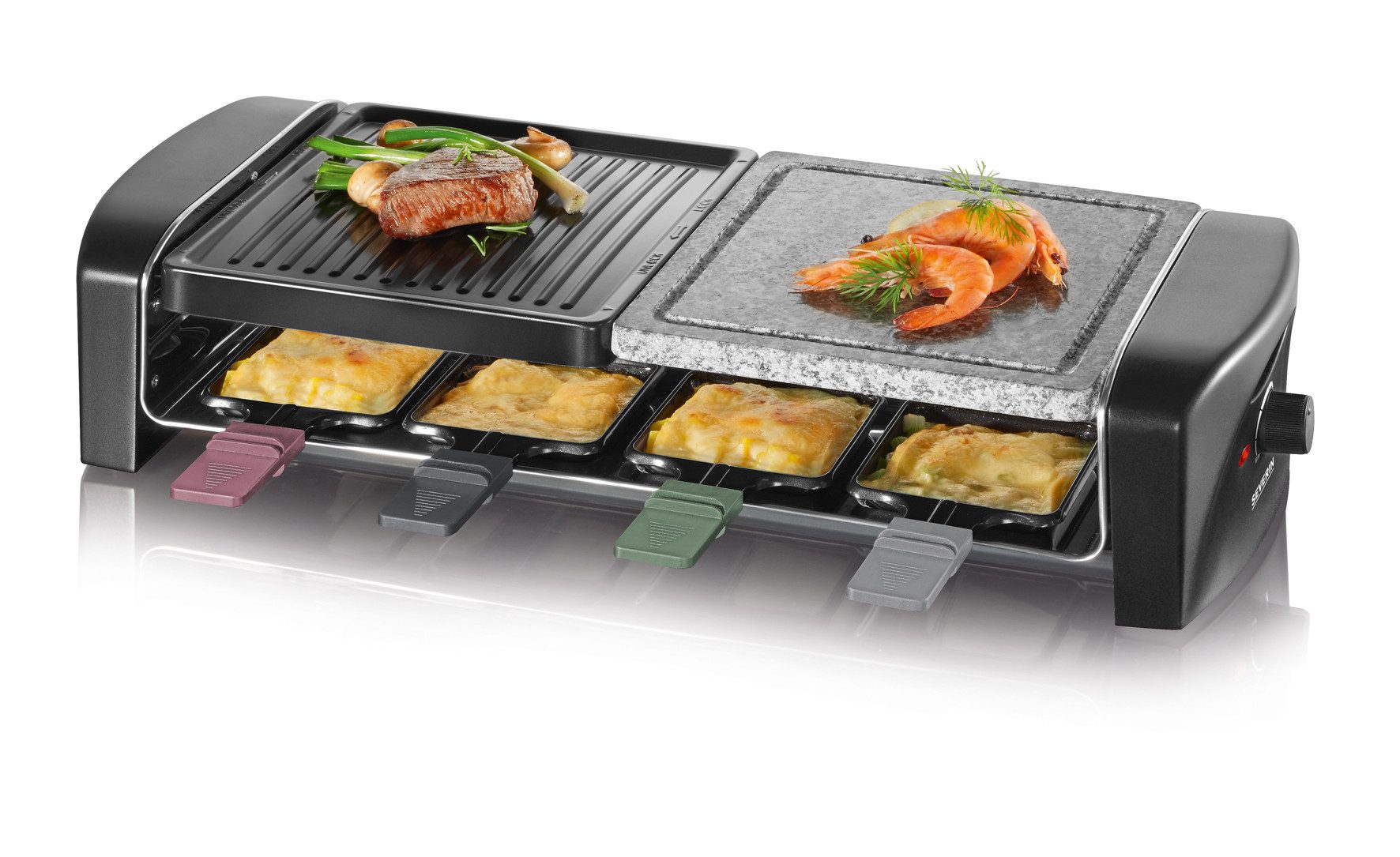 Severin Raclette RG 9645, 8 Raclettepfännchen, 1400 W, Naturgrillstein & antihaftbeschichtete Grillplatte, 8 Personen, 1400W