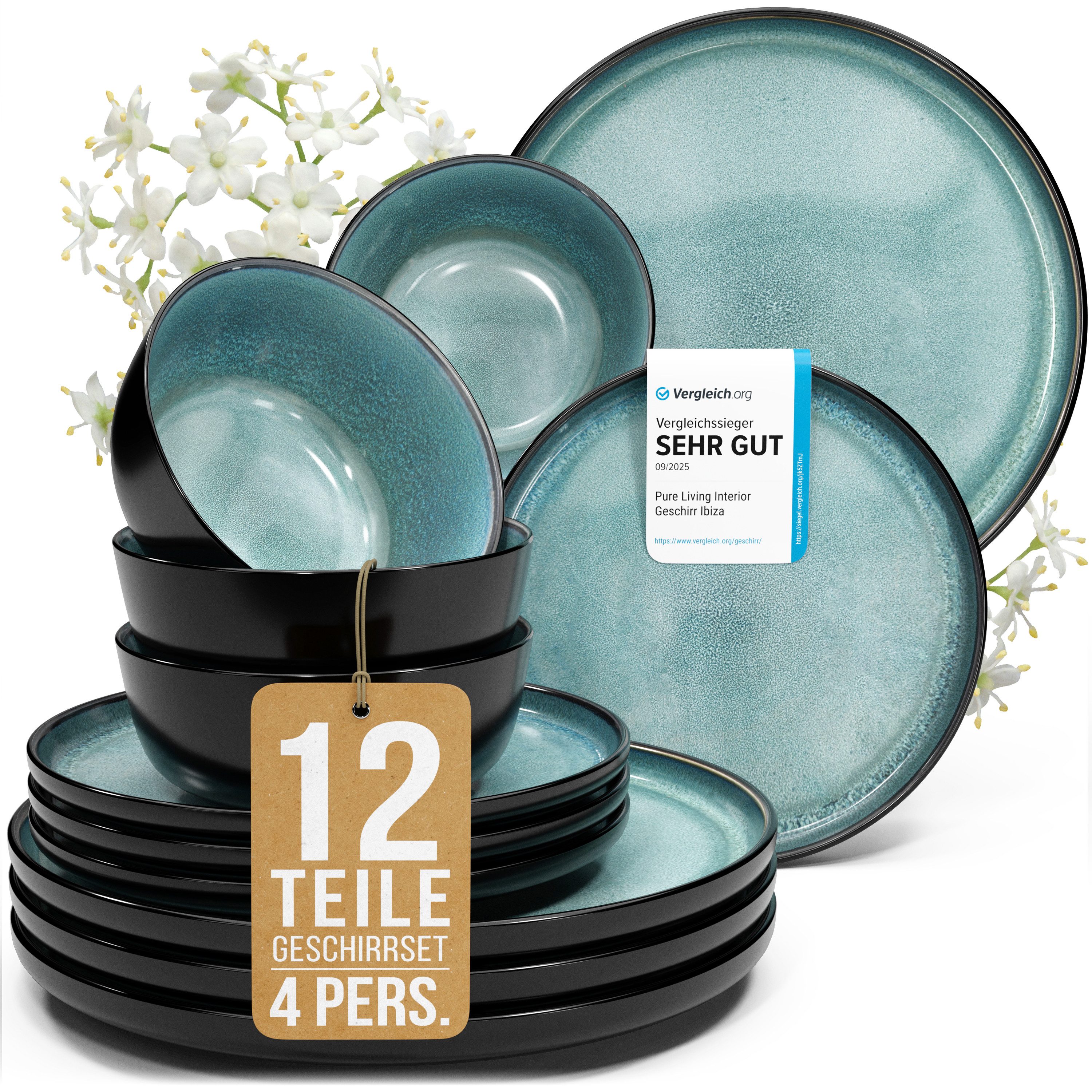 PURE LIVING INTERIOR DESIGN Geschirr-Set Ibiza aus Steingut, 12-tlg., für 4 Personen, Petrol (12-tlg), 4 Personen, Steingut