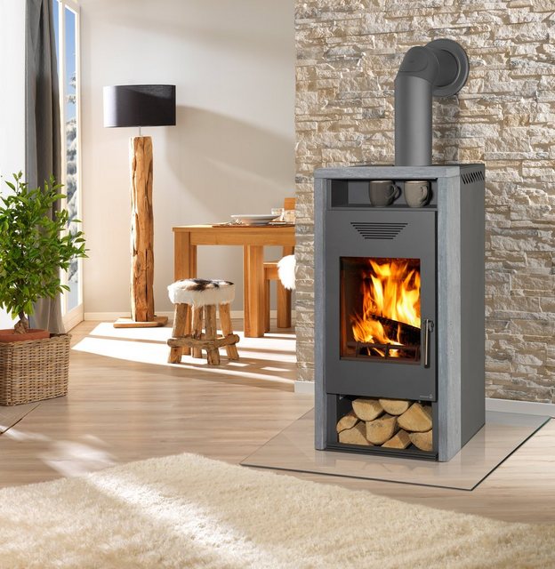 Wamsler Kaminofen Yara, Naturstein, 8 kW, Teefach, Holzfach, kompakte Form