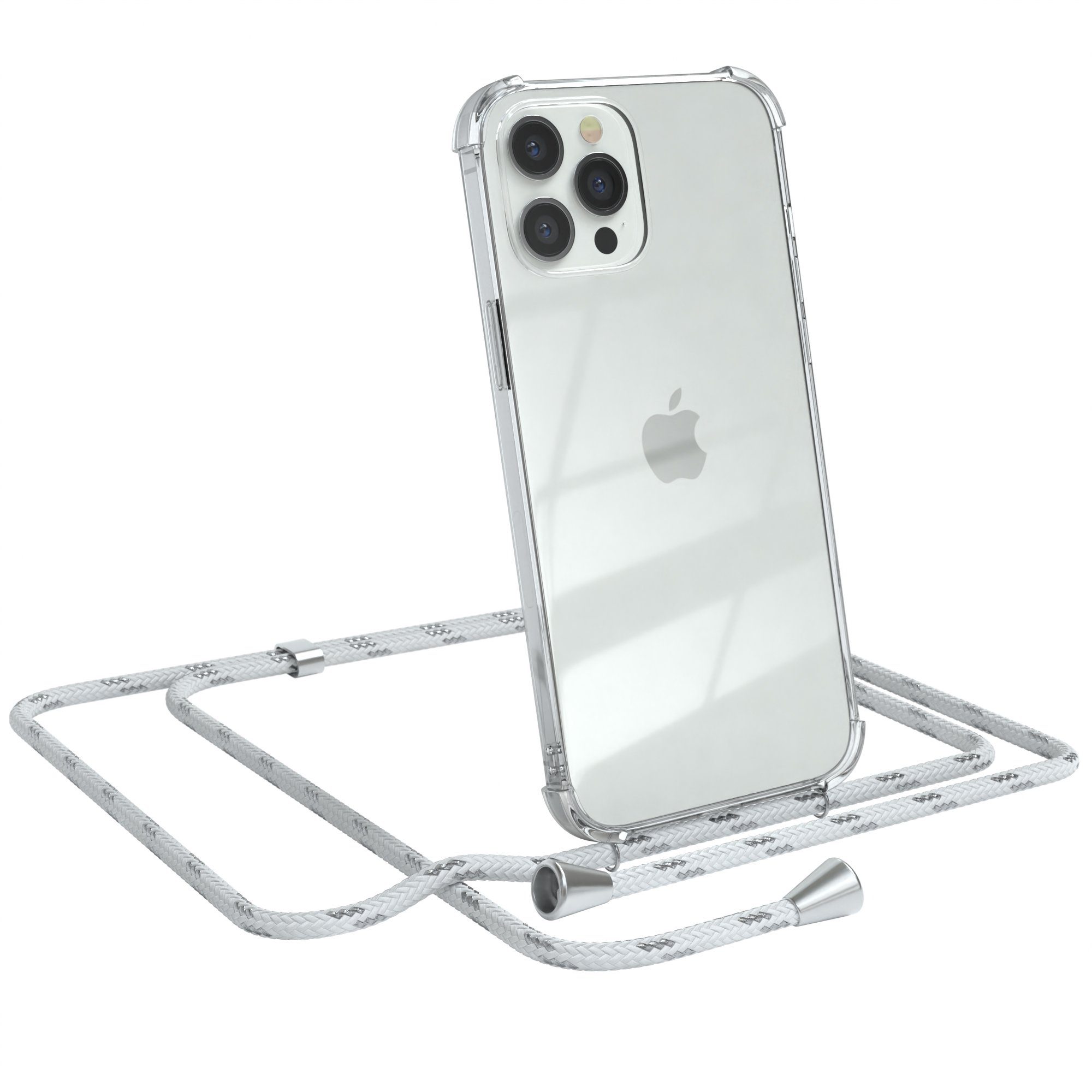 EAZY CASE Handykette Hülle mit Kette für Apple iPhone 12 Pro Max 6,7 Zoll, Hülle Smartphonekette für Unterwegs Festivalhülle Transparent Weiß