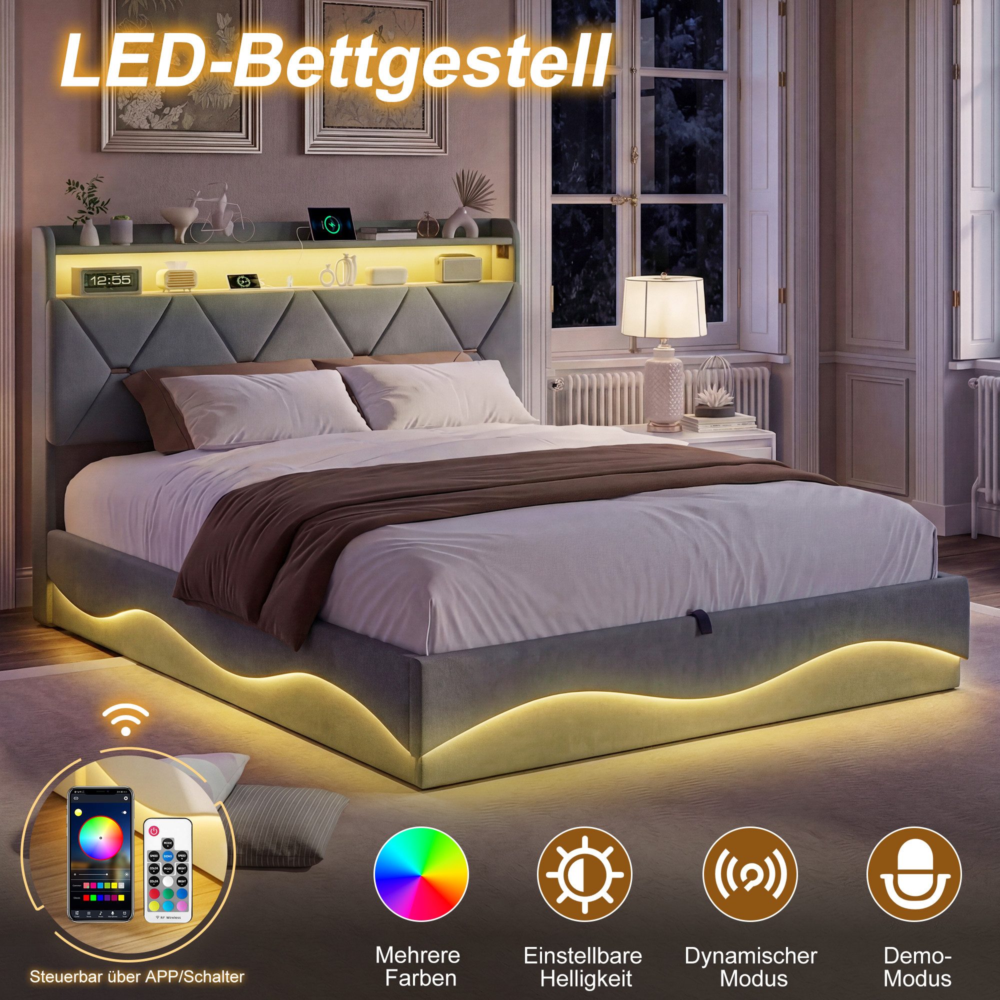 ADWOLT Polsterbett Doppelbett Stauraumbett Mit LED-Licht und USB (Packung, 1-tlg., Bettgestell mit LED-Beleuchtung und USB-Ladefunktion), 160x200 cm,Mit Bettkasten,Verstellbare LED-Leuchten,Samtstoff-Beige