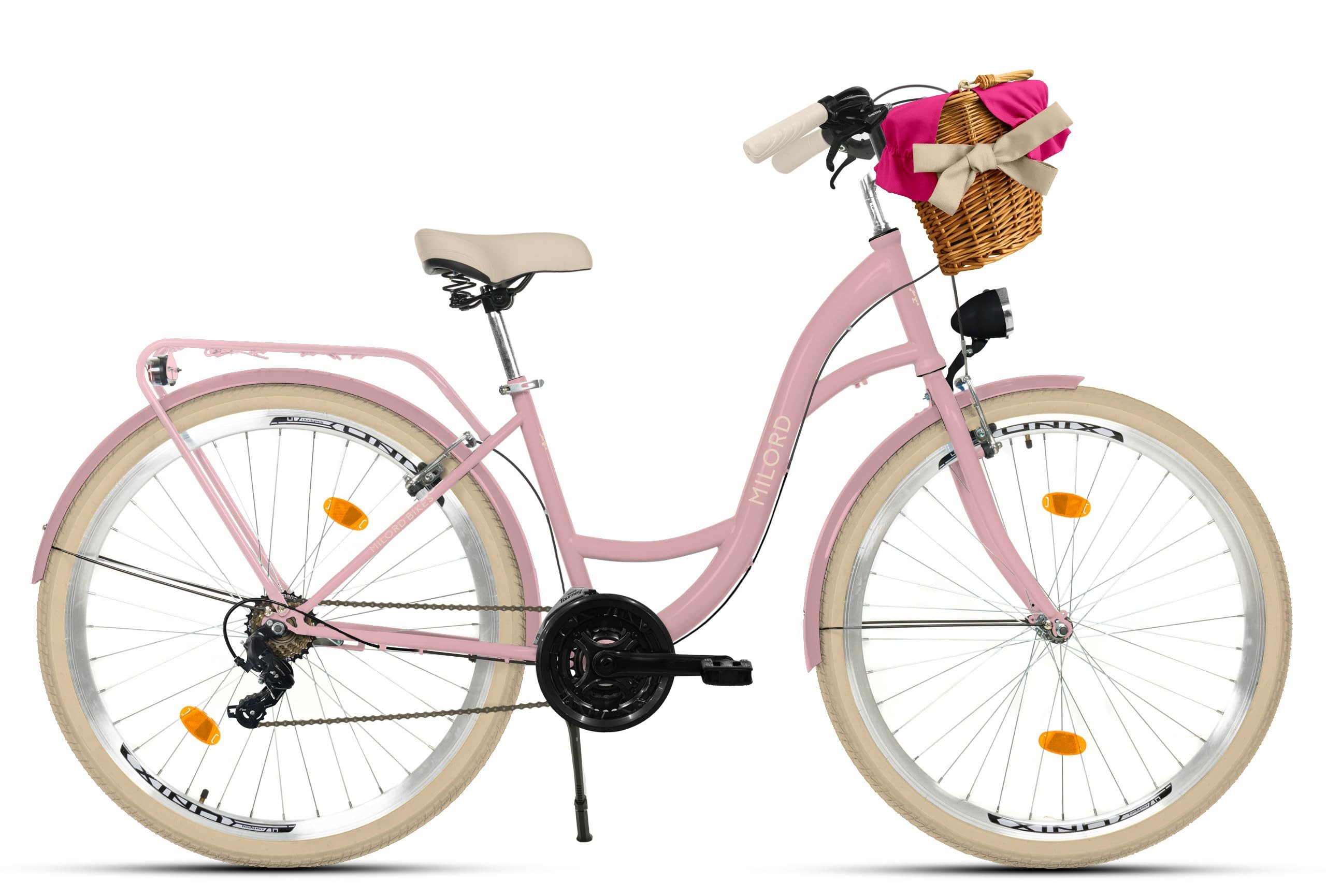 Milord Cityrad Damenfahrrad Citybike Mit Weidenkorb Fahrrad, 26/28 Zoll, 21-Gang, 21 Gang, (Fahrradständer, Gepäckträger, Klingel, Korb, Kotflügel)