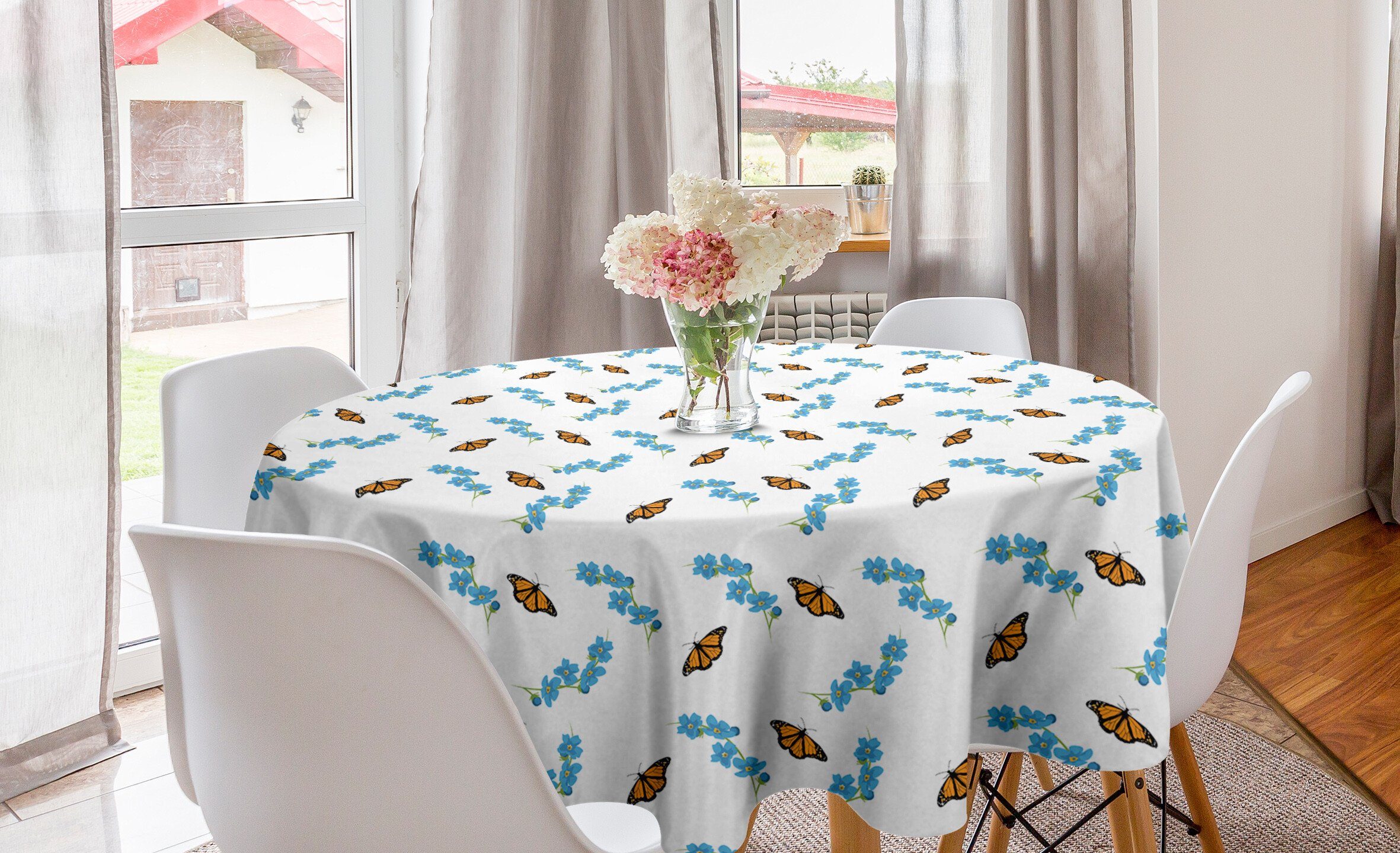Abakuhaus Tischdecke Kreis Tischdecke Abdeckung für Esszimmer Küche Dekoration, Blumen Insekten Blüten Schmetterlinge