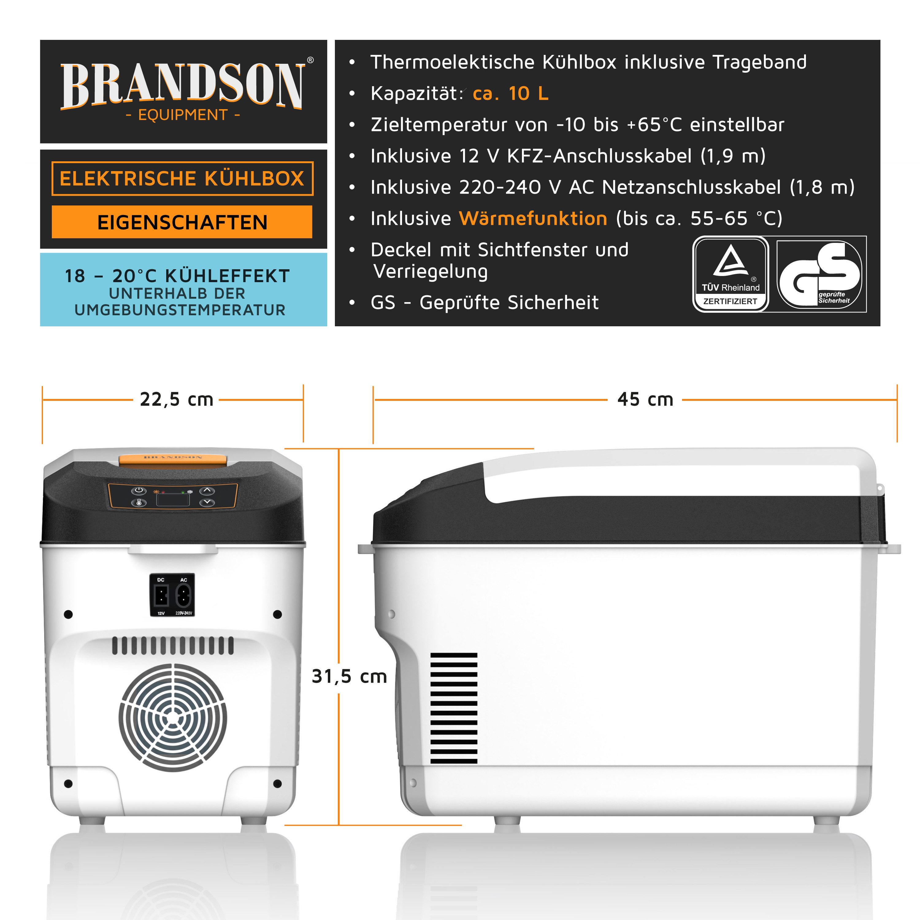 Brandson Elektrische Kühlbox 10 L,  Sichtfensterdeckel, Kühlt & hält Warm, von bis zu -10 bis +65°C, 10 l, 230 V Netzspannung &12 V KFZ Auto Bordspannung, Kühlbox elektrisch