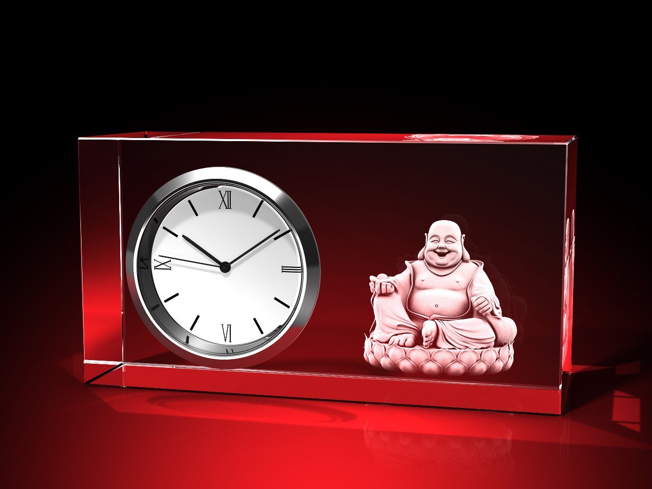 GLASFOTO.COM Tischuhr lachender Buddha - Uhr, Glas eckig