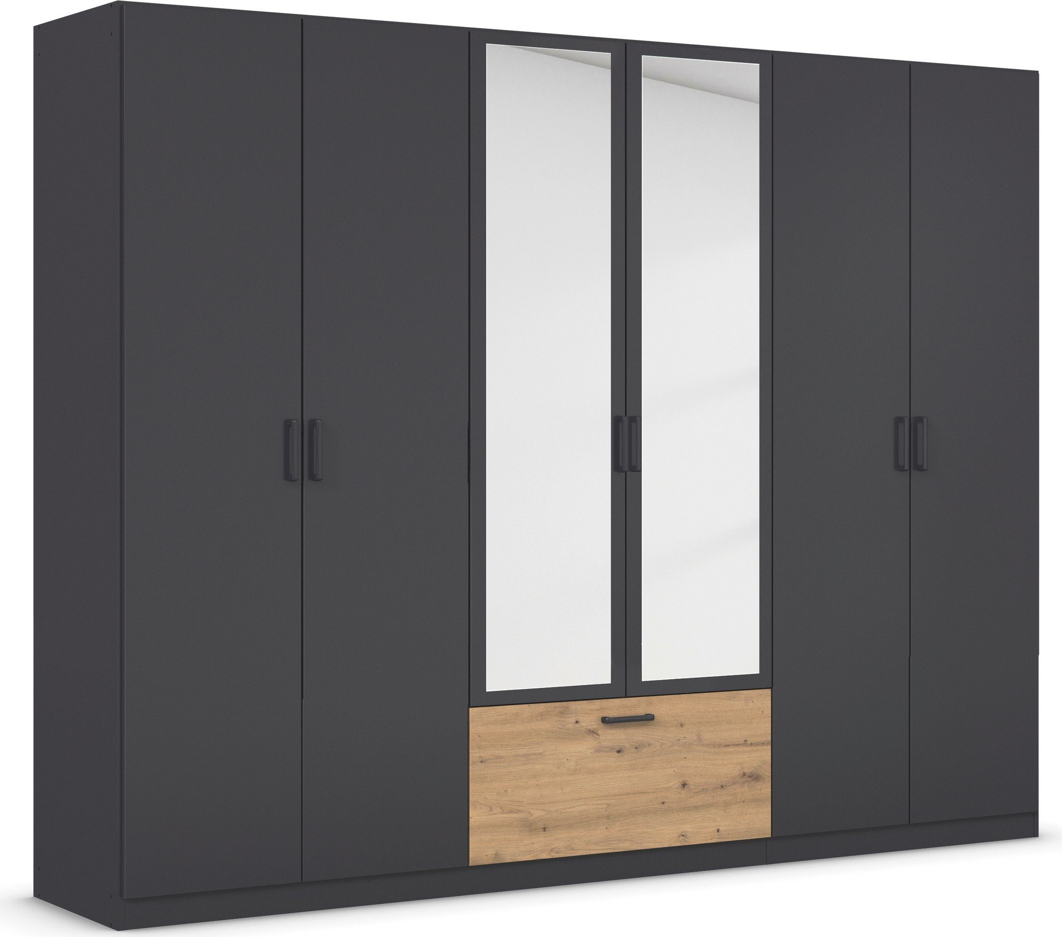 rauch Drehtürenschrank Kleiderschrank Schrank Garderobe Wäscheschrank BARI mit Spiegel mit Schubasten mittig, moderner Griff in Graumetallic MADE IN GERMANY