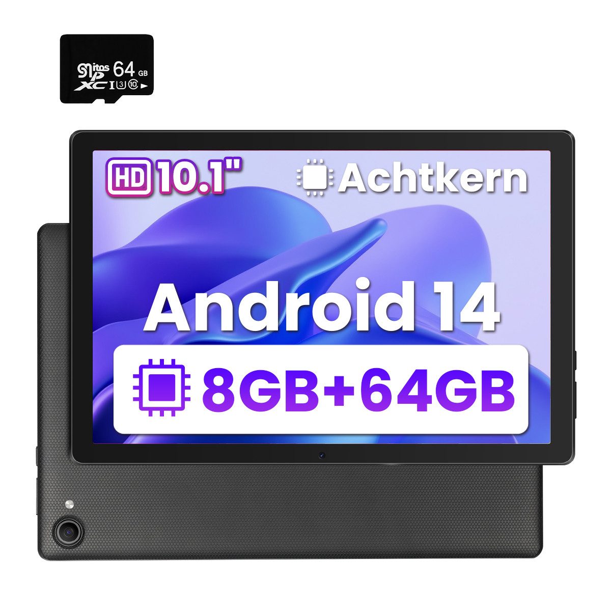 BUFO Android 14-Tablet,8 GB RAM,64 GB, Erweiterbar auf 1 TB,10 Zoll HD Tablet (10", 64 GB, Android, 2,4G/5G WiFi, Dual-Kamera, mit microSD Karte 64GB)