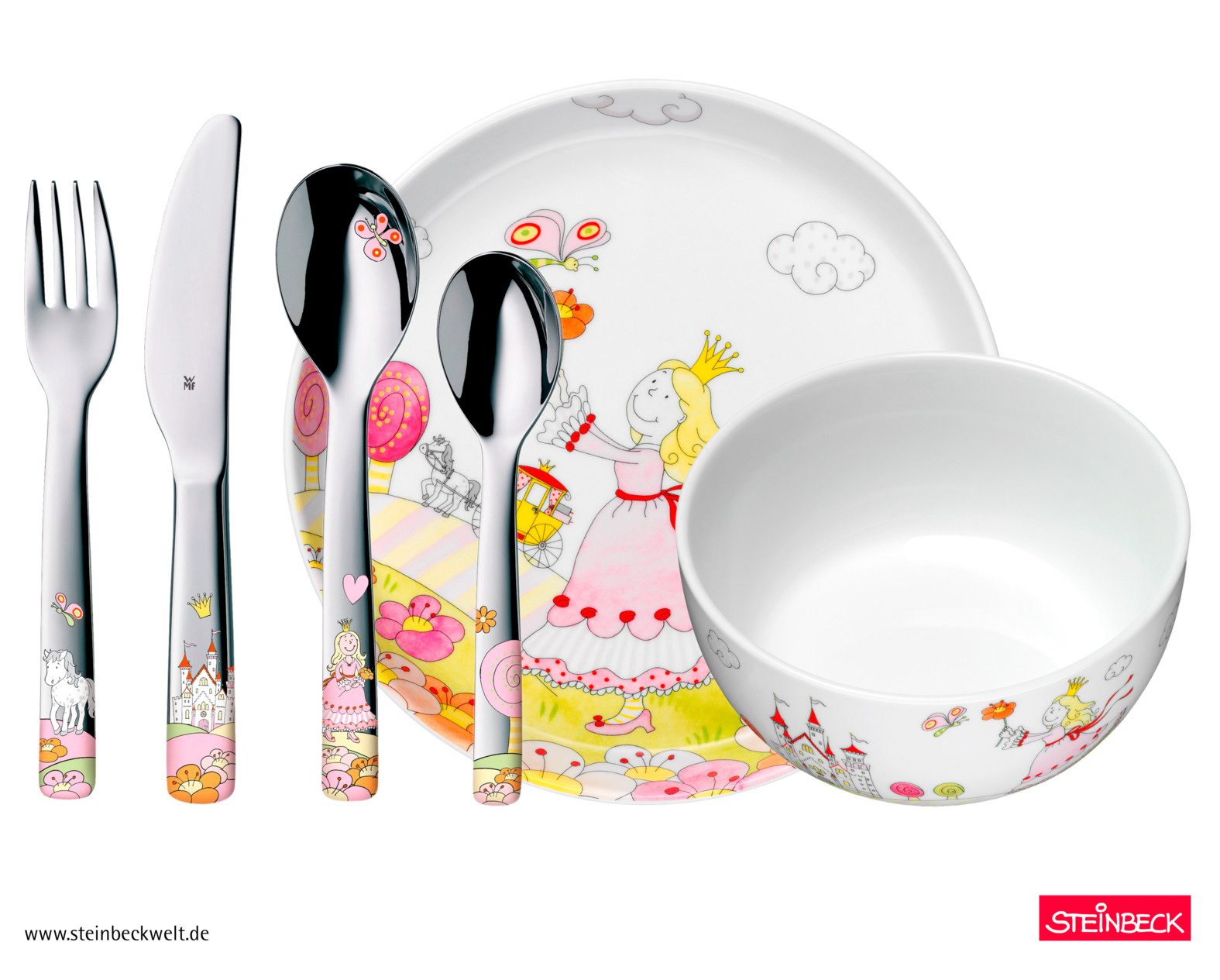 WMF Kindergeschirr-Set Kindergeschirr-Set Prinzessin Anneli, 6-teilig (6-tlg), ab 3 Jahre, Cromargan Edelstahl poliert, spülmaschinengeeignet