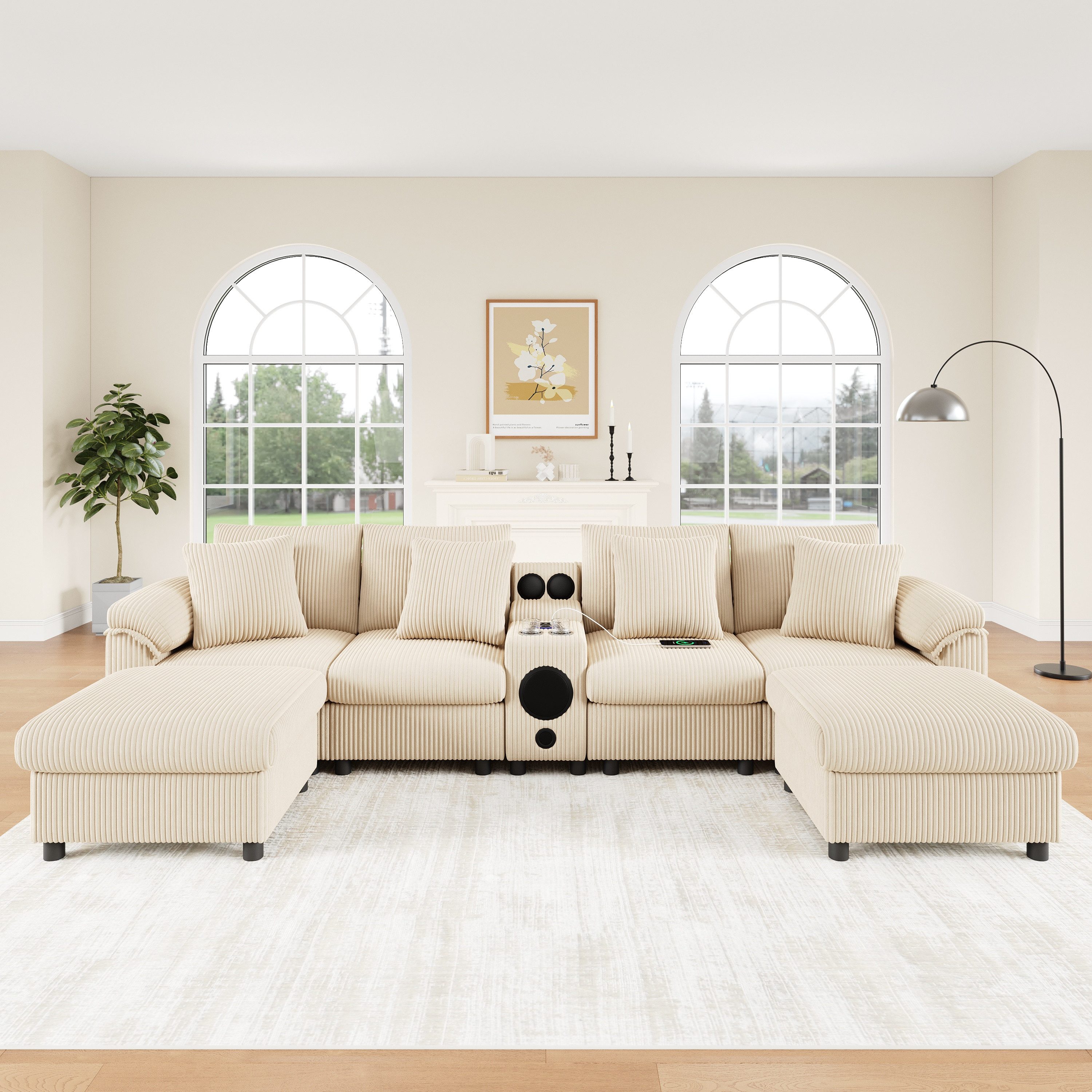 Merax Ecksofa mit Bluetooth-Lautsprecher & Medienkonsole, U-/L-Form Ecksofa, inkl. Hocker & Kissen, für 4–6 Personen, Cordstoff 1 Teile, Modulares Sofa mit Stauraum, Wireless Charging, USB & Getränkehaltern