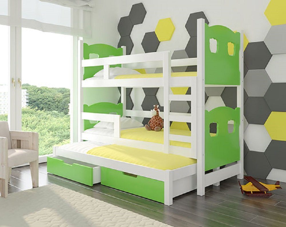 Feldmann-Wohnen Hochbett LETICIA (Etagenbett mit 3 Schlafgelegenheiten) Farbe wählbar Kiefer weiß / Absetzungen: grün
