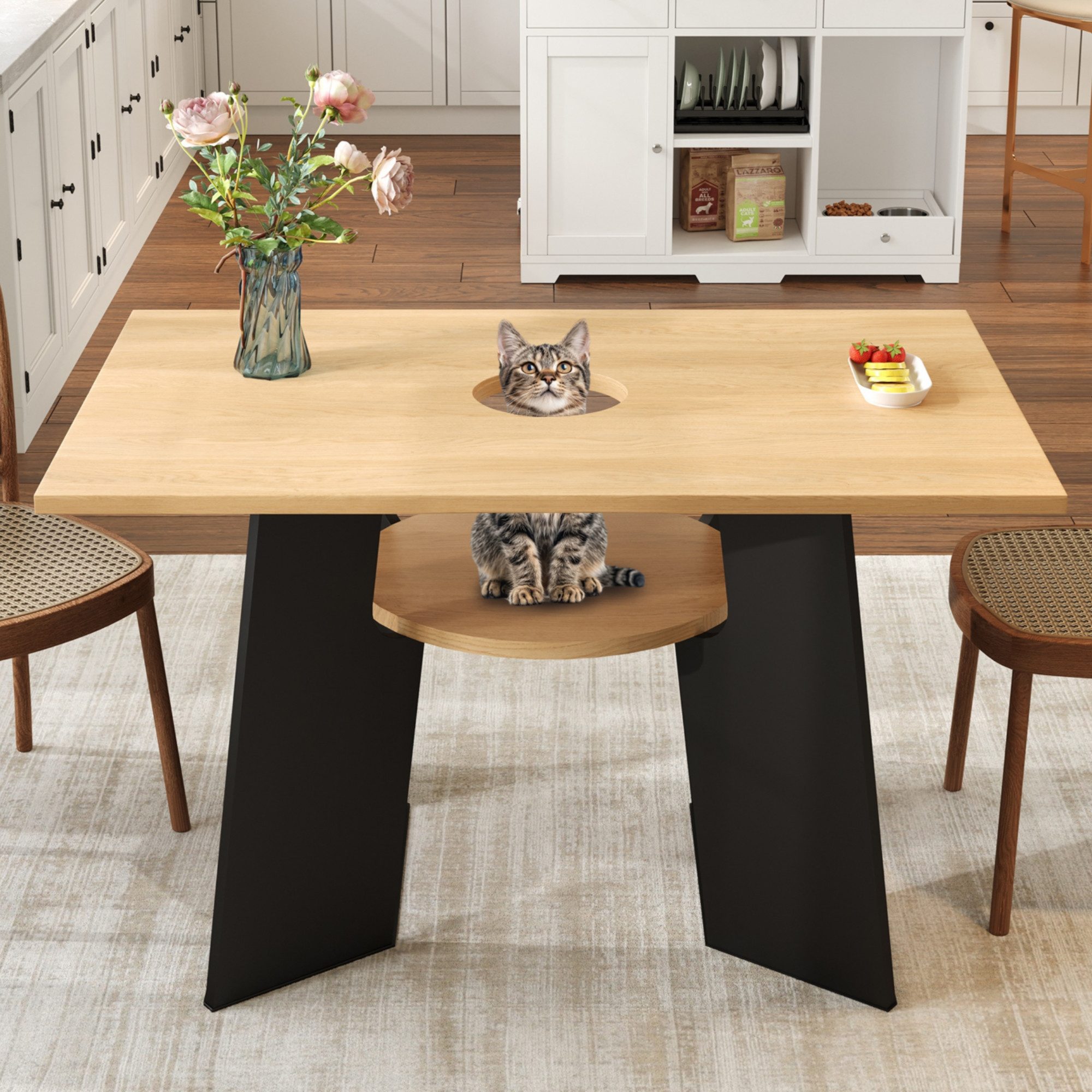 Flieks Esstisch mit Ablagen und Haustierbereich (B130xT85xH75 cm, 1-St., 1 Tisch), rechteckiger Küchentisch Schreibtisch Bürotisch aus MDF
