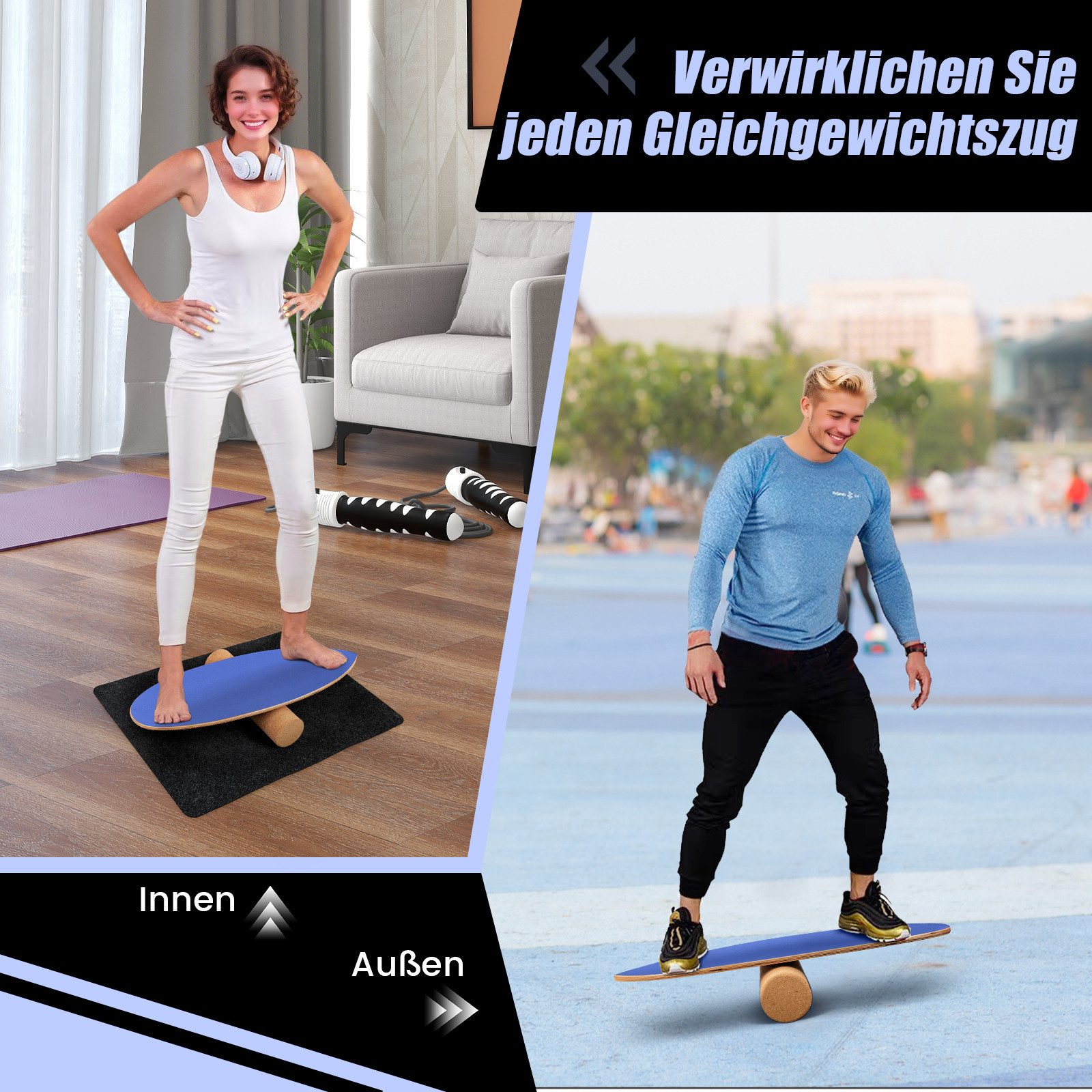 COSTWAY Balanceboard, aus Holz, für zuhause, inkl. Korkrolle, bis 227kg