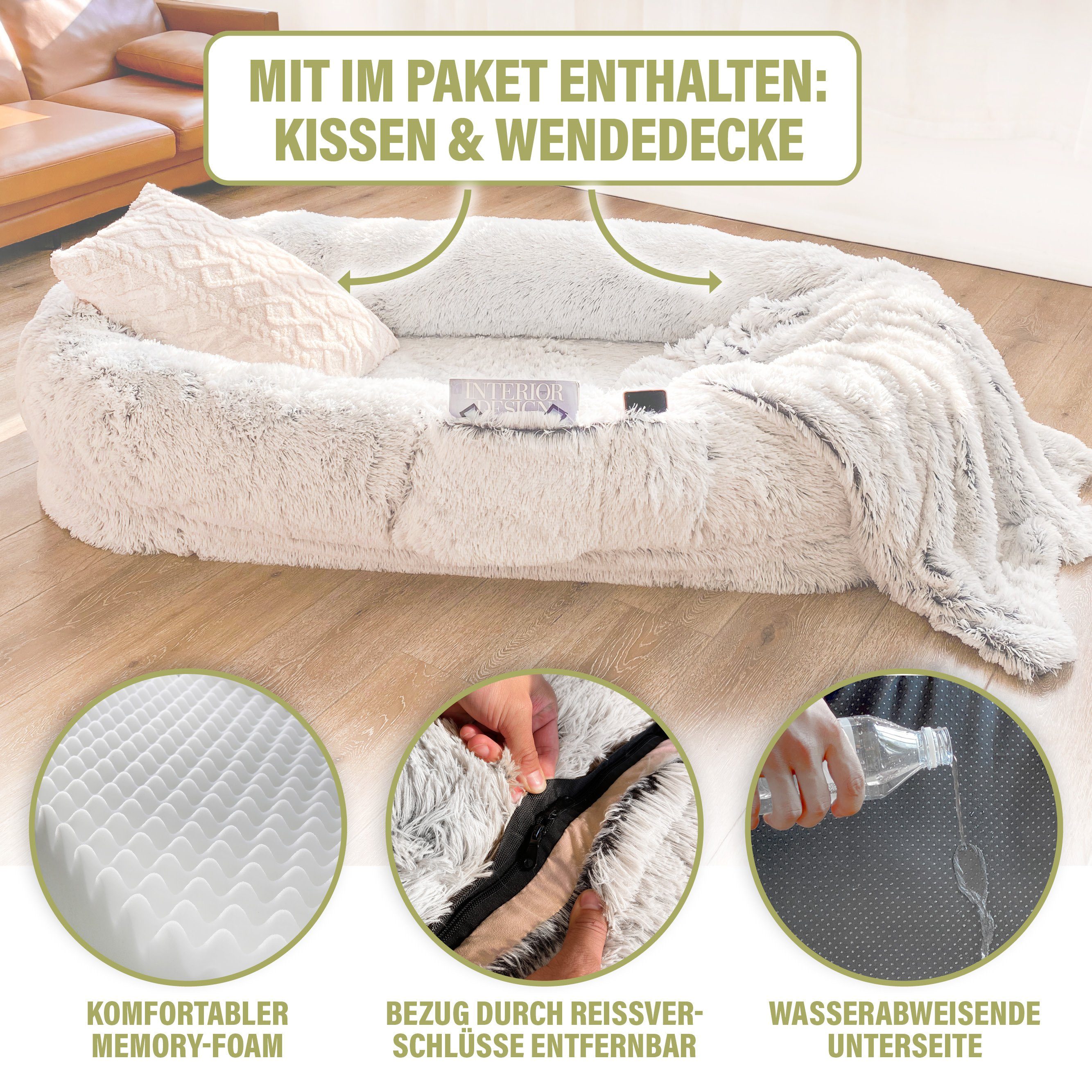 Wallace & Jones Tierbett XXL Hundebett - Ceddie Riesiges Kuschelbett für Tier und Mensch, Kunstfell, Inkl. Kissen und Decke, Schaumstoffmatratze ca. 190 x 105 x 30 cm