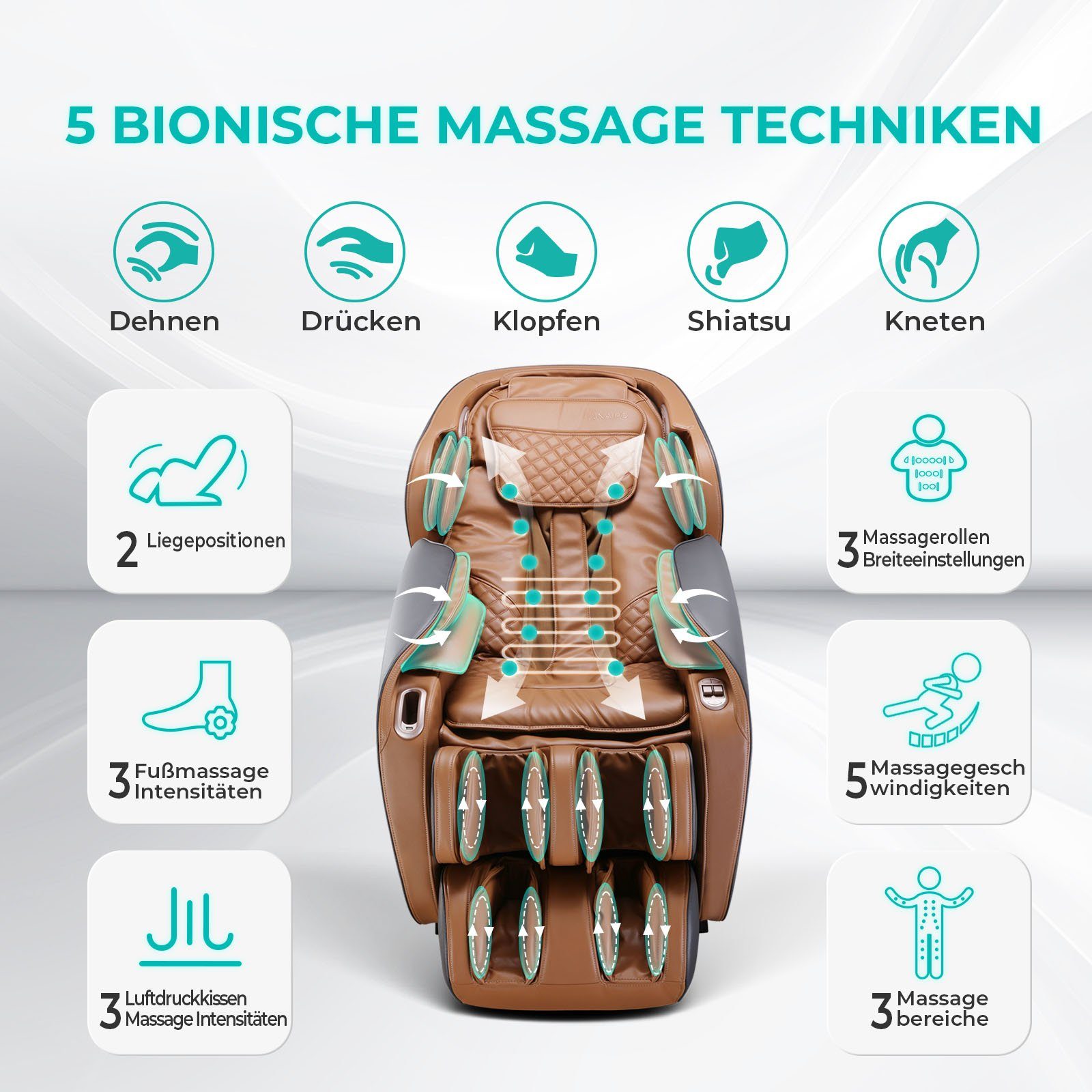 NAIPO Massagesessel Shiatsu Zero-Gravity Massagestuhl, Wärmetherapie, 3D Surround-Sound, USB, Bluetooth, Award Winner