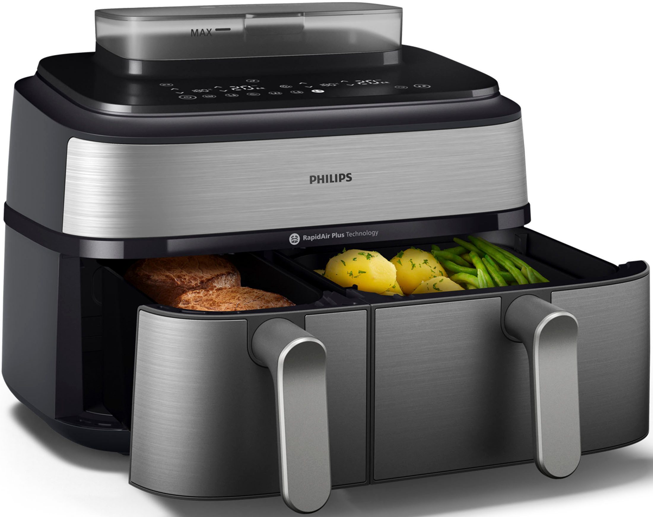 Philips Heißluftfritteuse NA555/00 Steam Airfryer 5000 Series Dual Basket, 9L Kapazität (3L+6L), 2750 W, mit Dampfgar-Funktion; Silber/Edelstahl