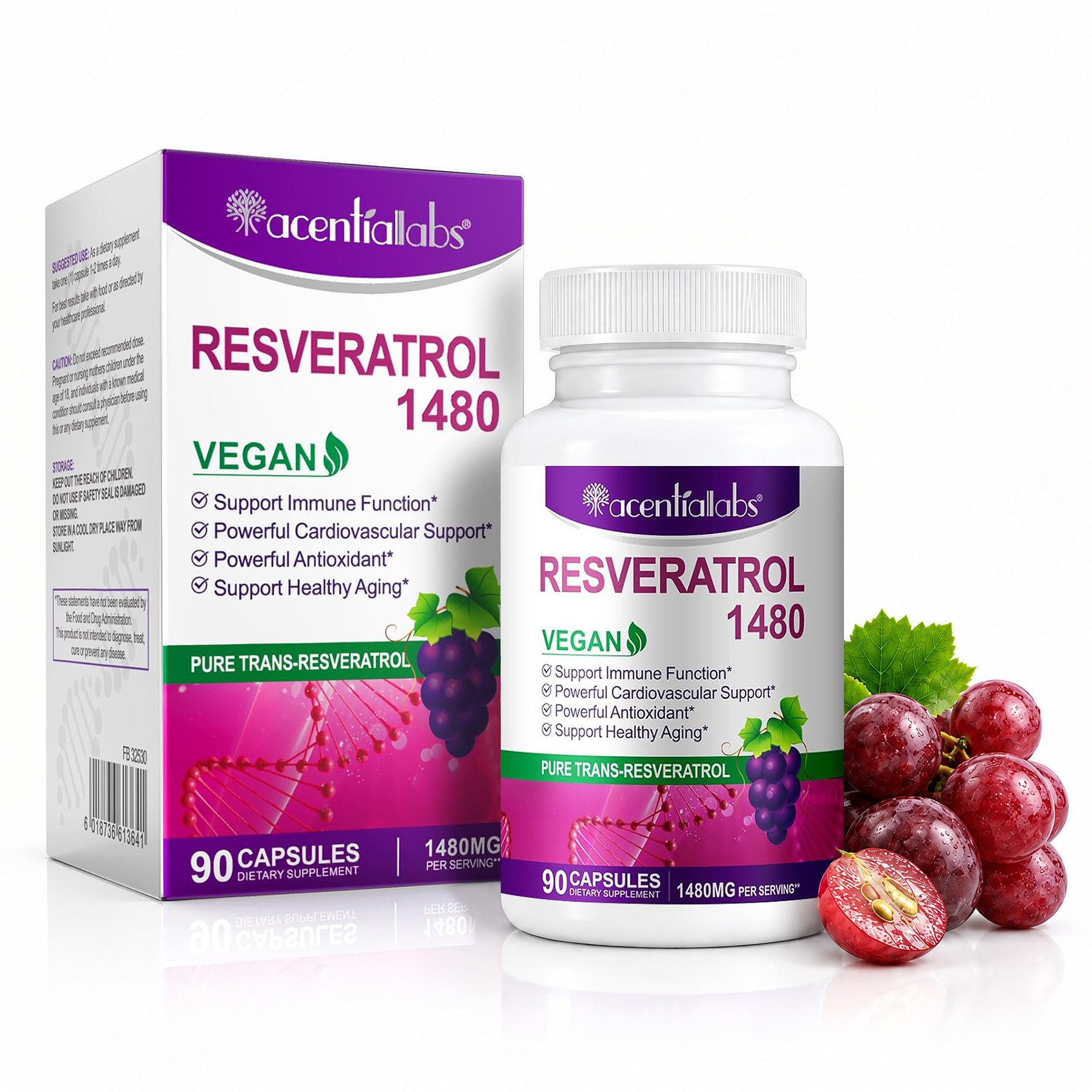 Acentiallabs Resveratrol Hochdosiert Traubenkernextrakt Antioxidantien Anti Aging Softgels, 90 er, 1480 mg Resveratrol, Mit Piperin, Vegan, GMP-zertifiziert