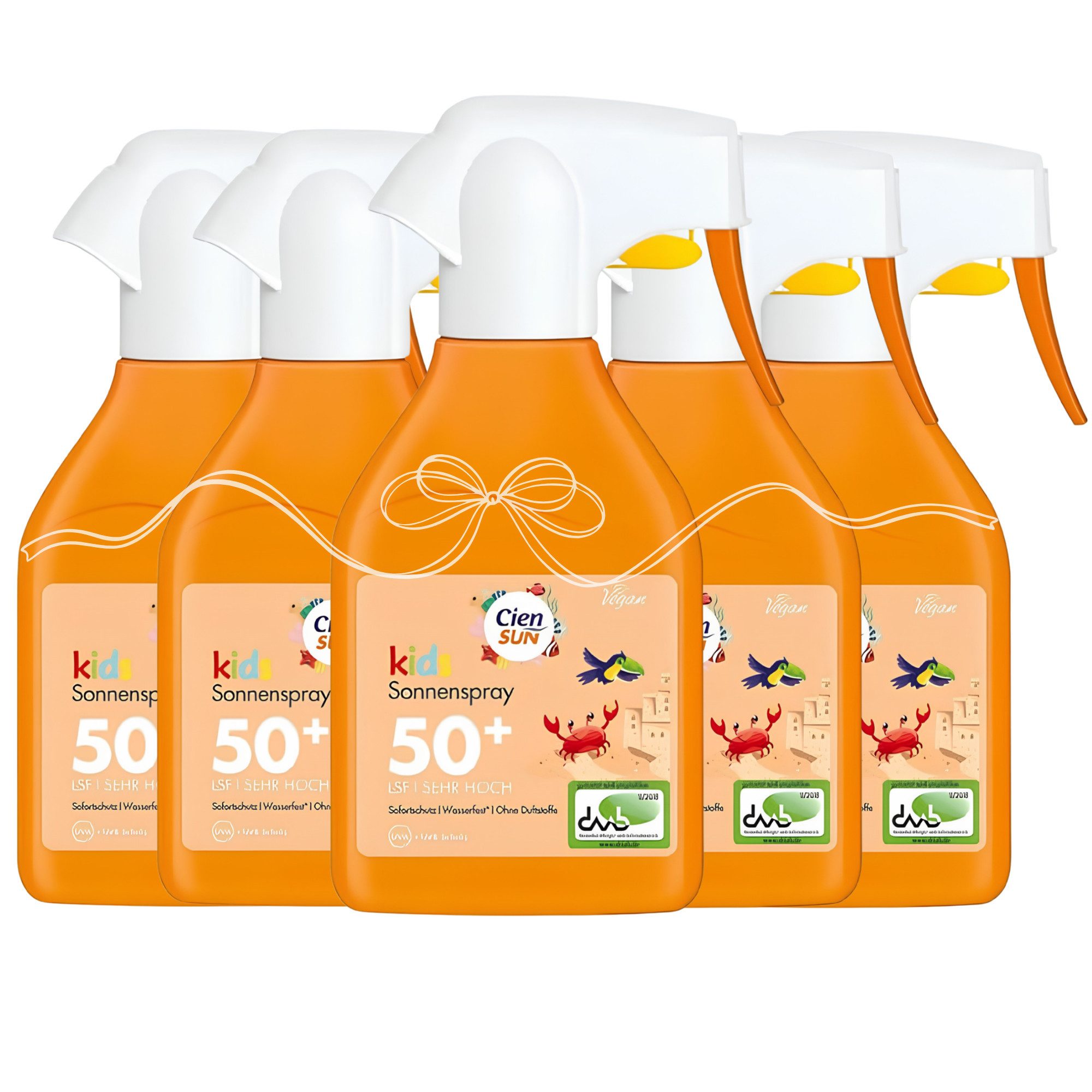 Cien Sonnenschutzspray CIEN Sun Kids Sonnenspray LSF 50+ 6 x 250 ml Vorteilspack, Spar-Set, 8-tlg., 6er Vorteilspack mit LSF 50+ und 2 Gratis After Sun Gesichtsmasken