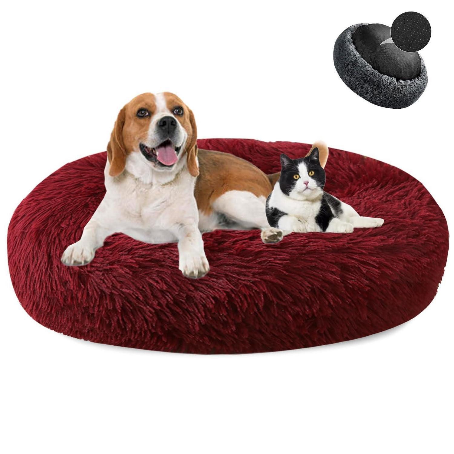 LuxusKollektion Hundebett Donut Haustierbett Flauschig Plüsch Waschbar Red Wine