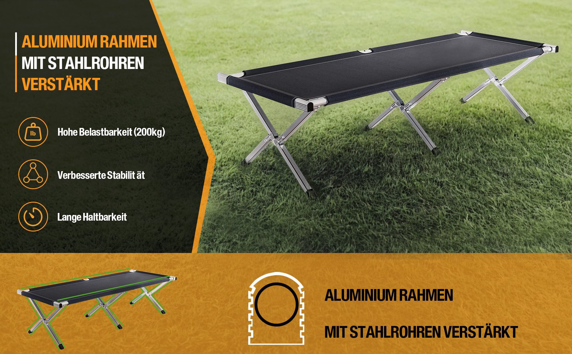 Kronenburg Faltbett XXL - Campingbett klappbar 210 x 82 x 45cm Belastbarkeit bis 200 kg - Stahlrohr verstärkt - in Schwarz