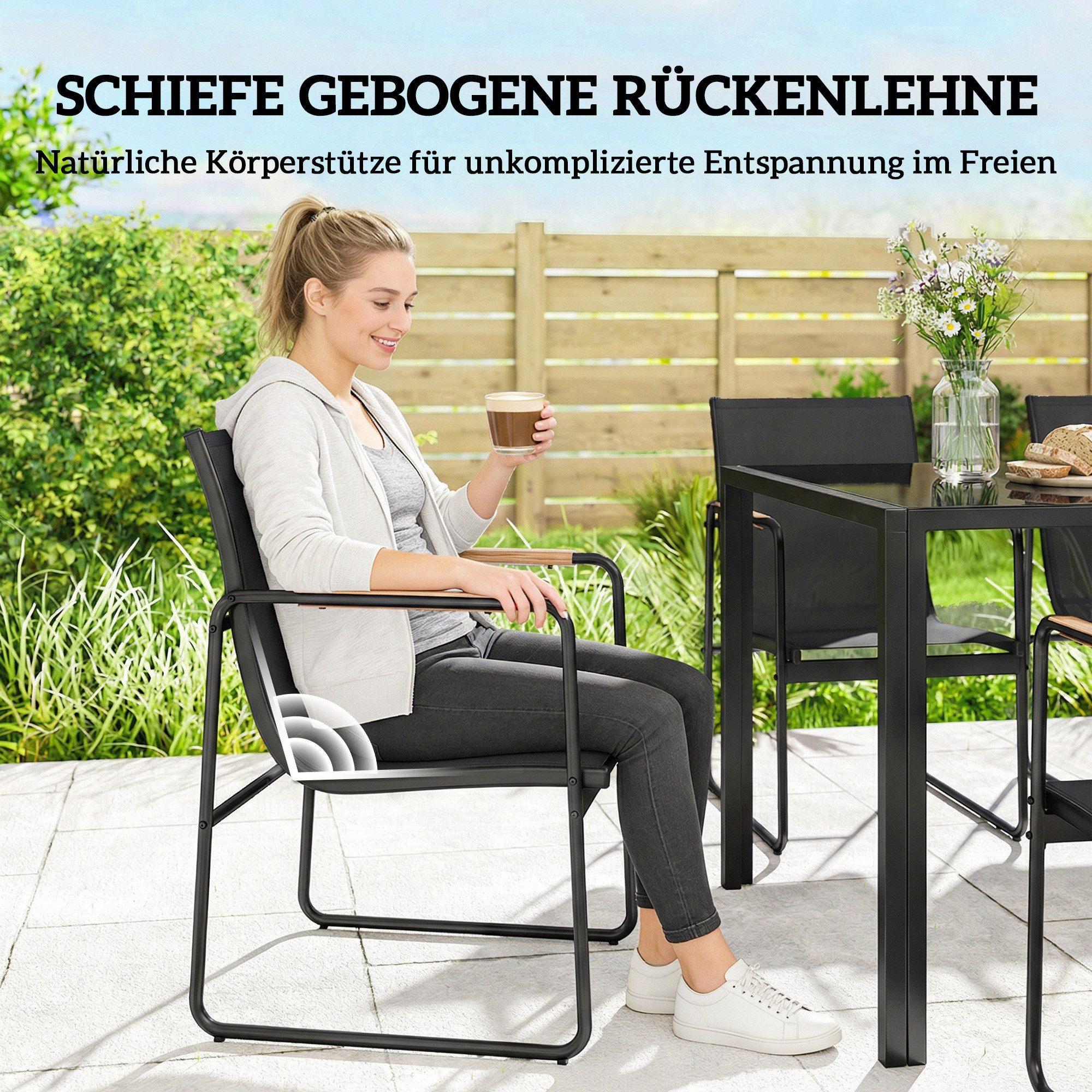 Outsunny Garten-Essgruppe Sitzgruppe mit dekorativen Armlehnen, wetterfest, Gartengarnitur, (Gartenset, 7-tlg., Gartenmöbel Set), bestehend aus 6 Sesseln und 1  – Bild 5 von 5