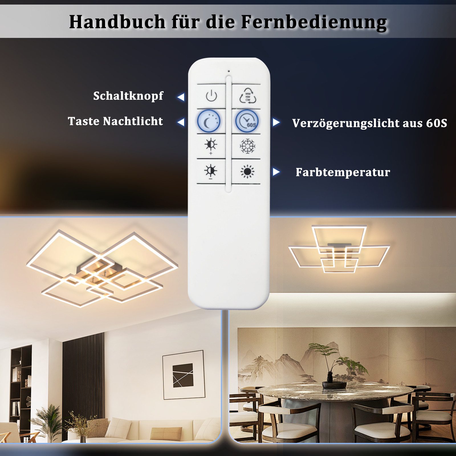 ZMH LED Deckenleuchte Wohnzimmer 72CM Schwarz/Silber RechteckigDimmbar 48W Deckenlampe, Augenschutz, Einfache Installtion, LED fest integriert, 3000-6500K, mit Fernbedienung Modern Esszimmerlampe für Schlafzimmer Küche