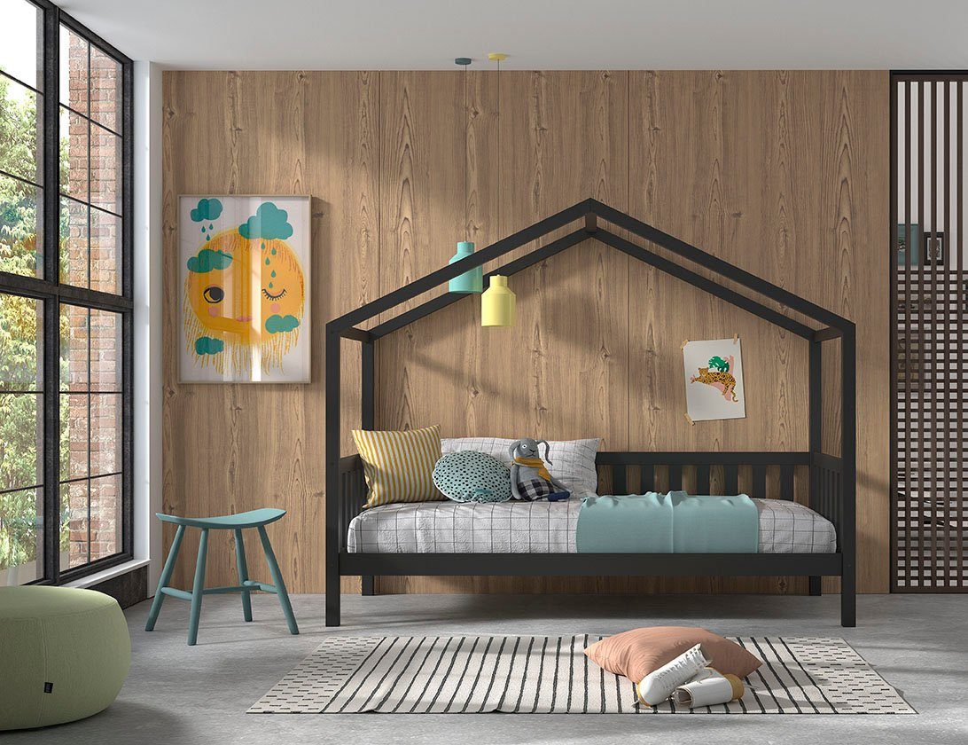 Vipack Hausbett Dallas, mit Dachaufbau, Kiefer massiv, stabil gebaut (B/H/T ca. 210x170x97cm, mit Sprossenumrandung), wahlweise mit oder ohne Bettschublade