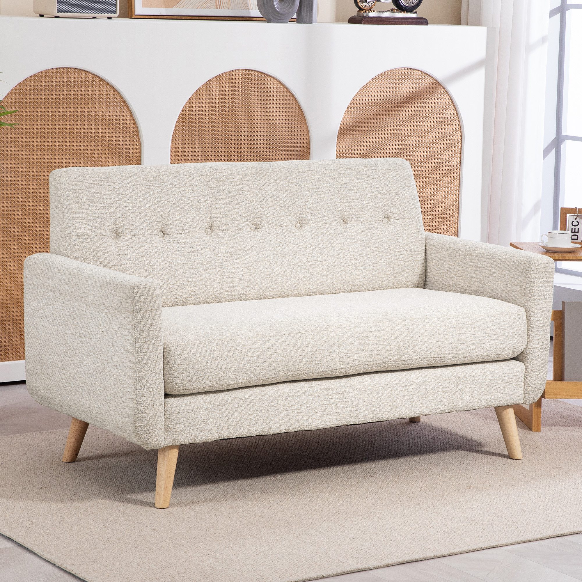 HOMCOM 2-Sitzer Sofa, Couch mit Samtoptik, Polstersofa mit Holzbeinen, Doppelsofa 1 Teile, für Schlafzimmer, Wohnzimmer, Beige