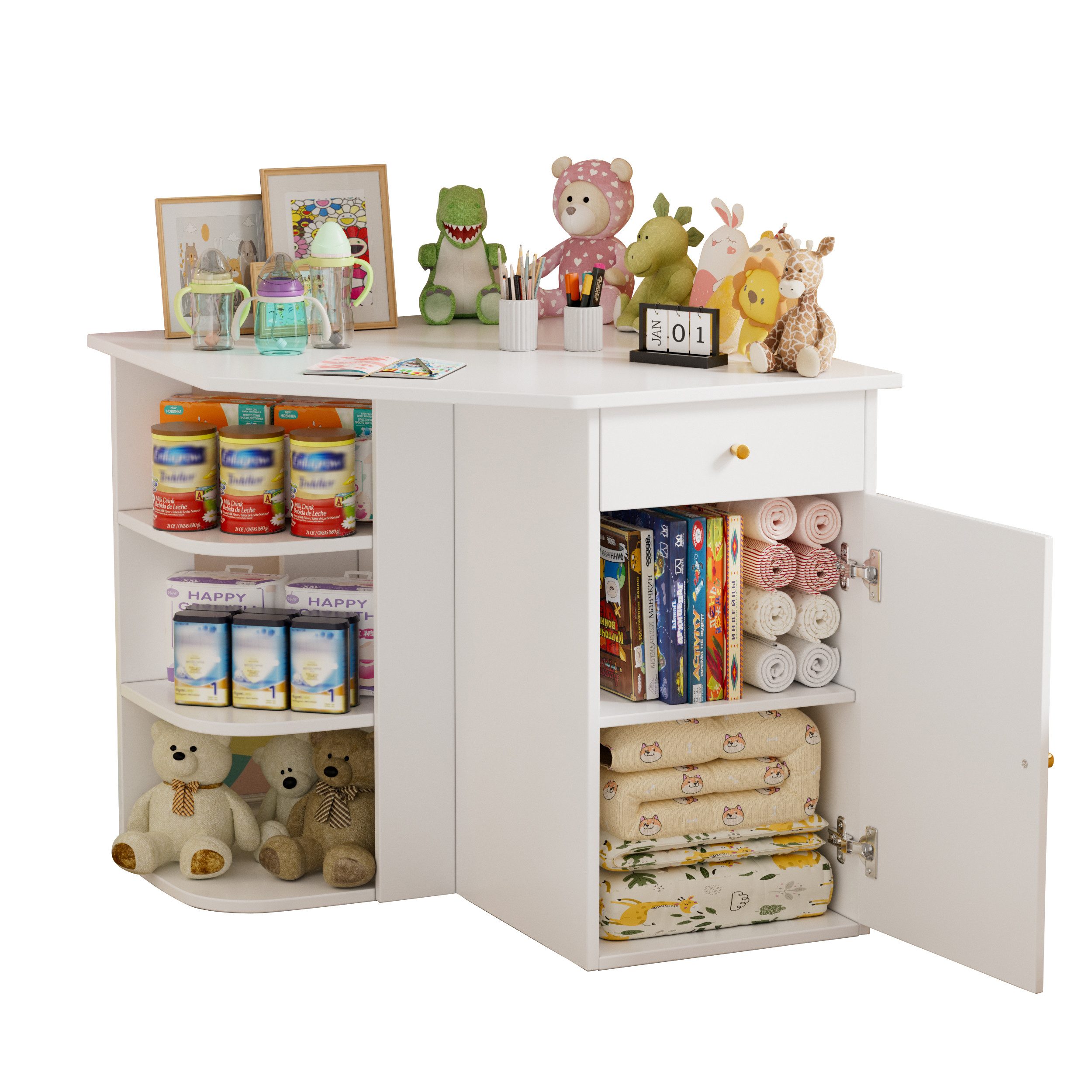 TWSOUL Wickeltisch Eckiger Wickeltisch mit Stauraum, Wickelkommode mit Schublade,Weiß, 85*85*77.5cm