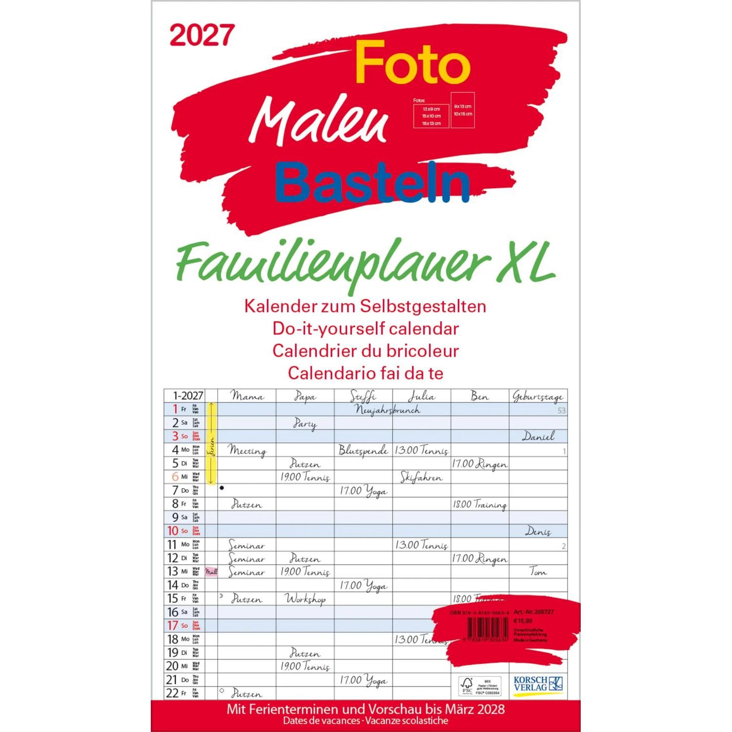 Korsch Verlag Familienkalender Foto-Malen-Basteln Familienplaner XL 2027