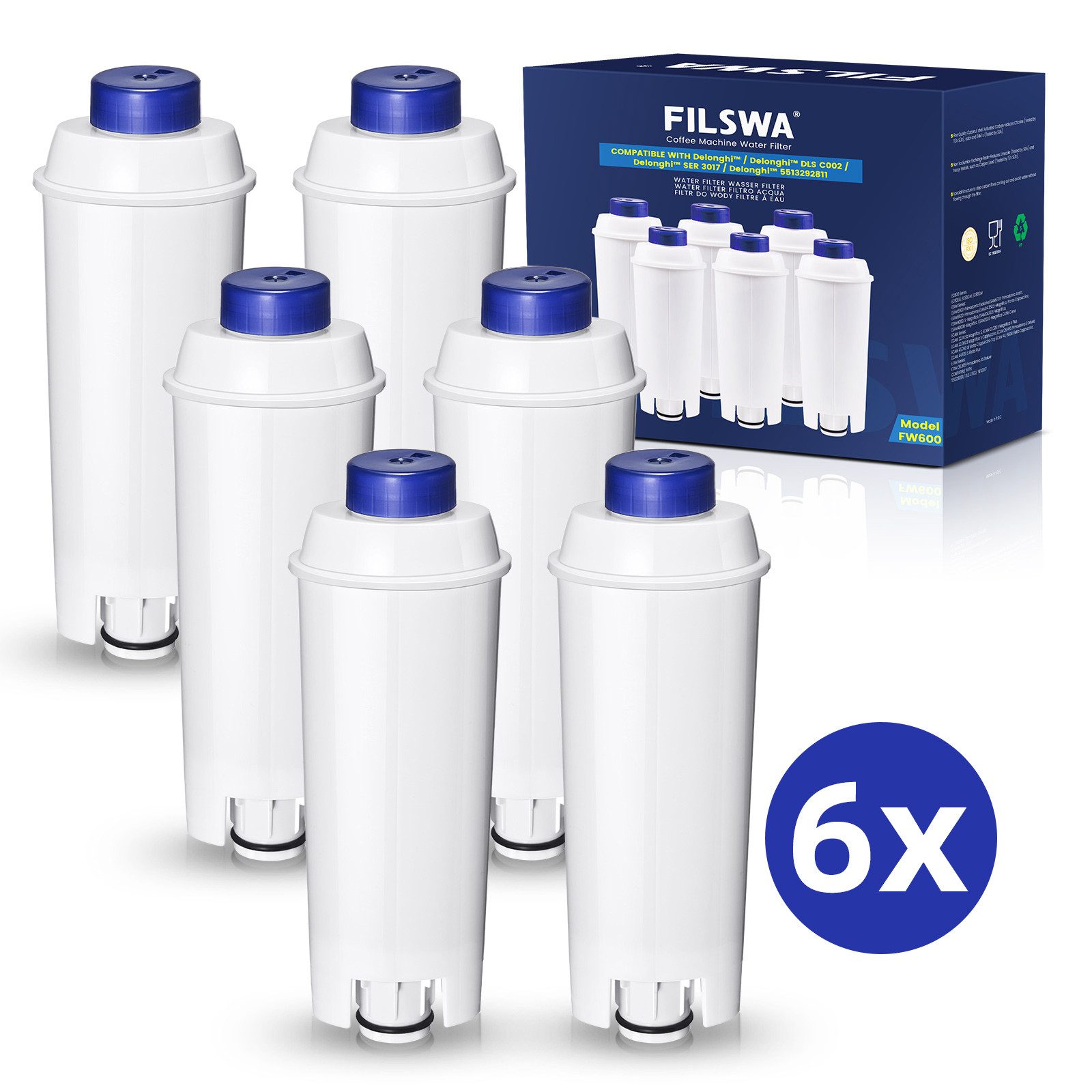 Filswa Wasserfilter für De'Longhi DLSC002 Kaffeemaschine 6 Stück Filterkartusche, Zubehör für ECAM, ETAM, DeLonghi DLSC002, Aquasemi, Rhodesy, AquaCrest AQK-11, AquaHouse AH-CDE, SER3017, ESAM, BCO, EC-Serie
