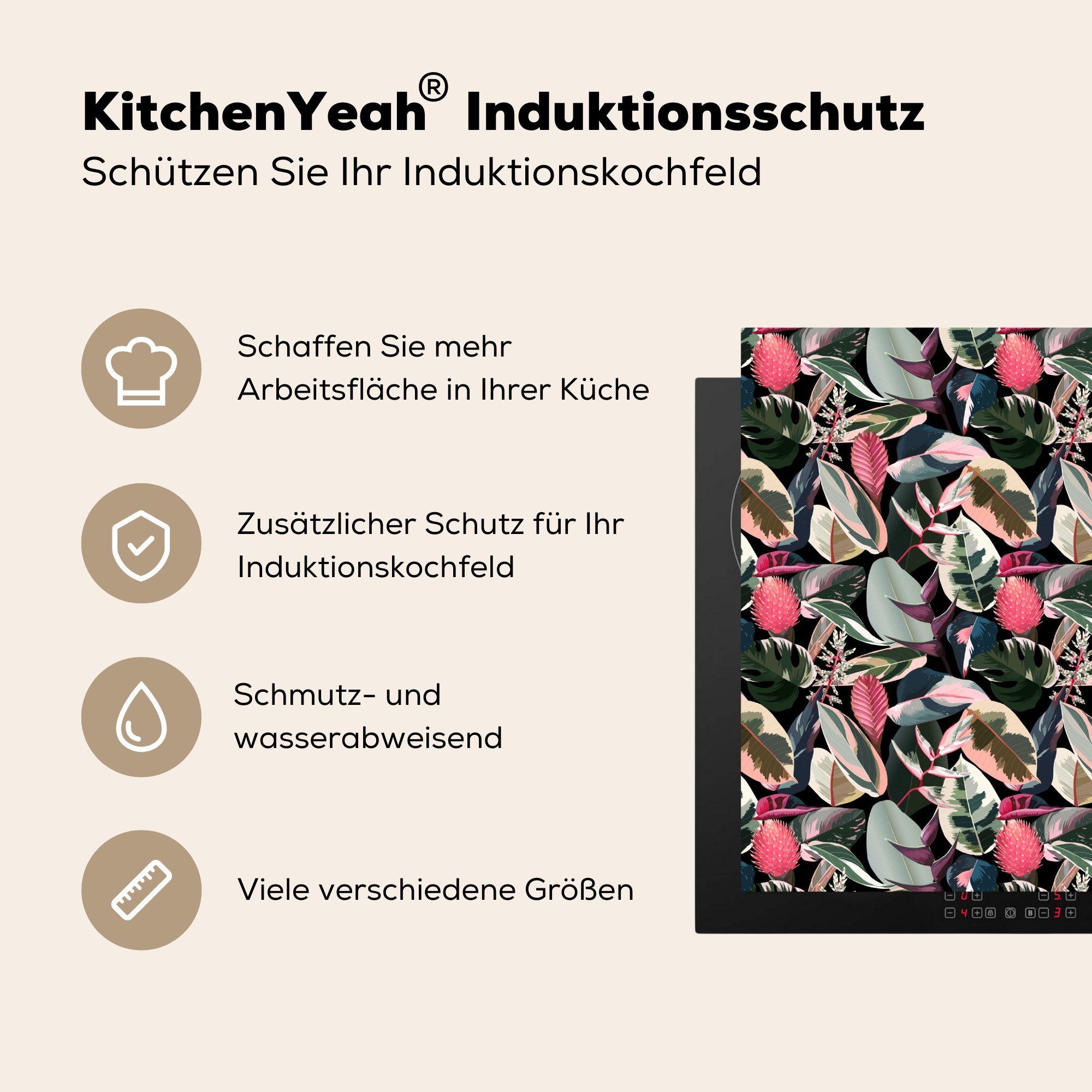küche - - Ceranfeldabdeckung, für Vinyl, Herdblende-/Abdeckplatte 78x78 cm, tlg), Arbeitsplatte MuchoWow Rosa, (1 Blätter Tropisch