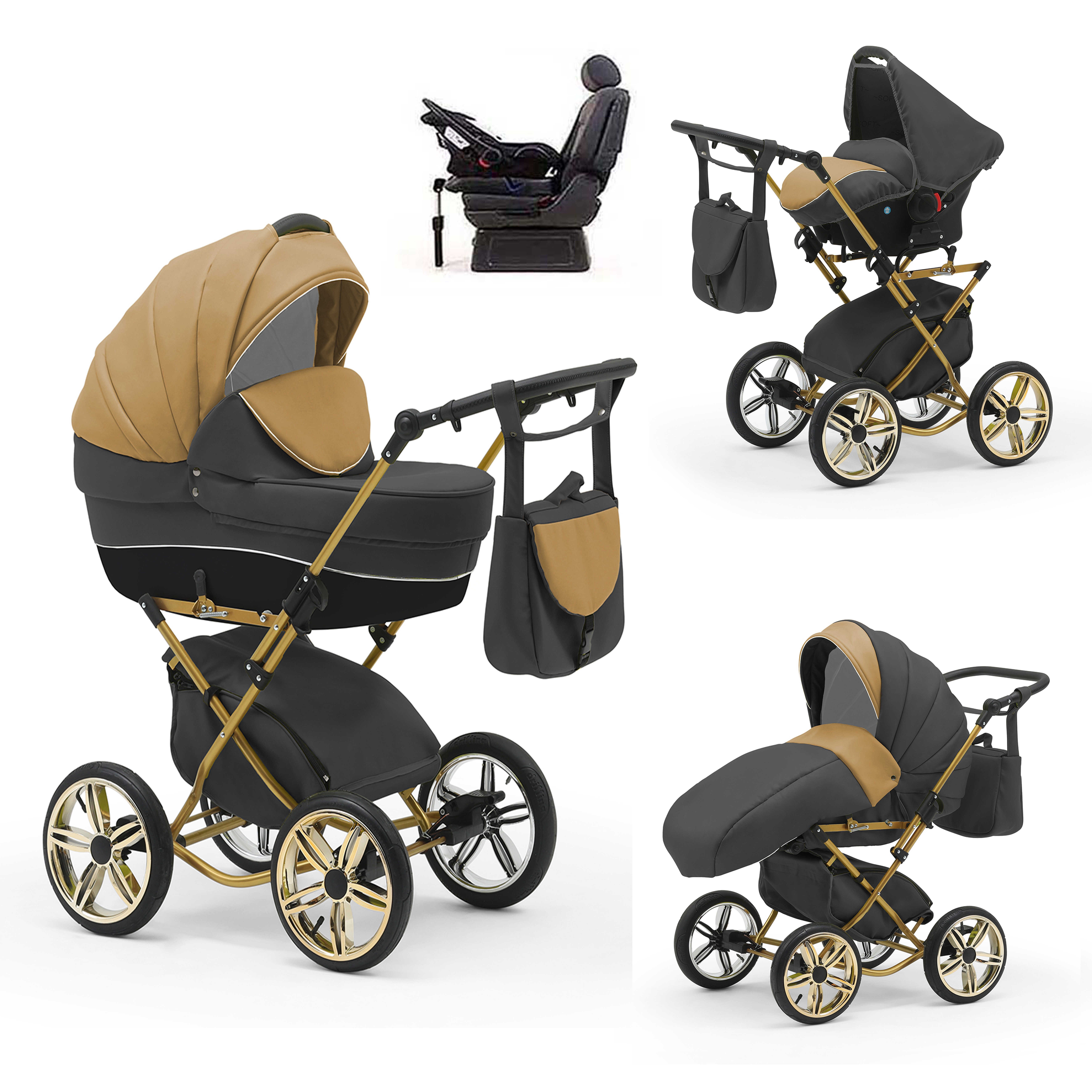 babies-on-wheels Kombi-Kinderwagen Sorento 4 in 1 inkl. Autositz und Iso Base - 14 Teile - in 10 Designs Beige-Grau