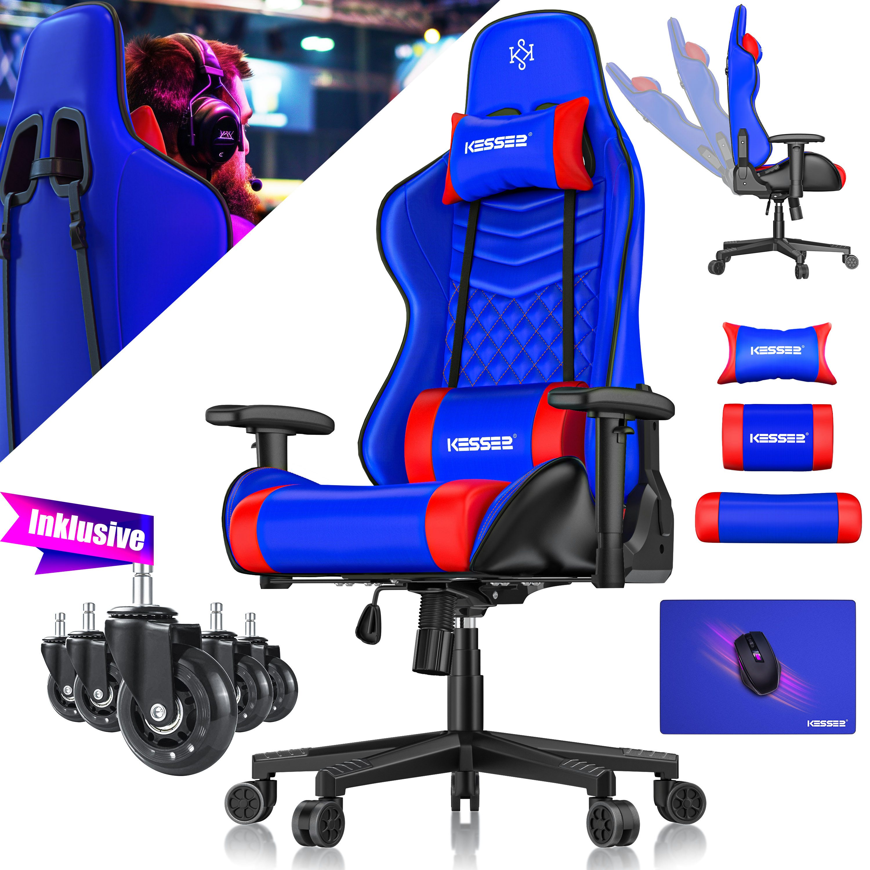 KESSER Gaming Chair, Ergonomisch Gamingstuhl 150kg belastbar Bürostuhl Lenden- & Kopfkissen